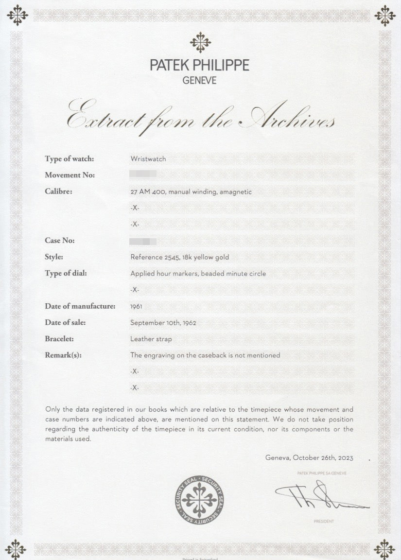 Patek Philippe - Patek Philippe Yellow Gold Calatrava Ref. 2545, Gifted by the Arab American Oil Company (ARAMCO) - The Keystone Watches