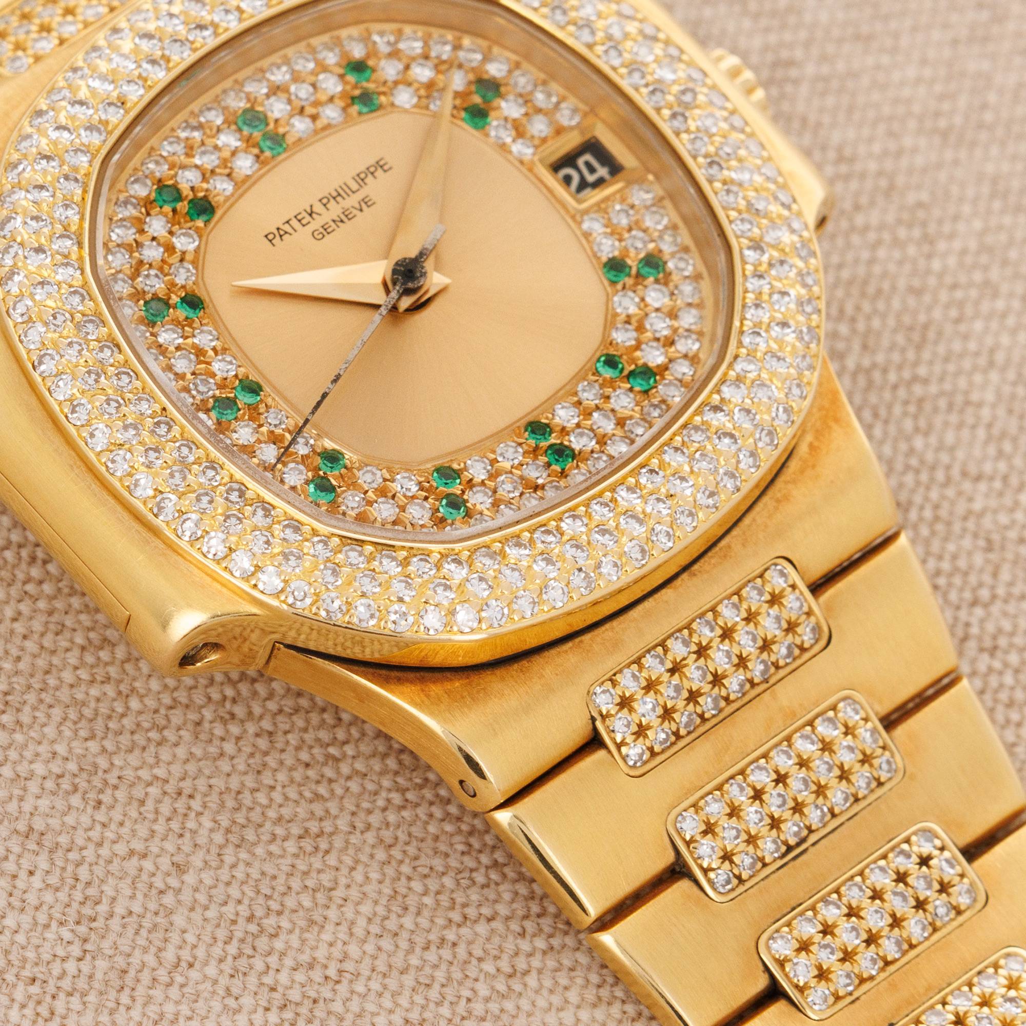 Patek Philippe Yellow Gold Nautilus Ref. 3800/105 with Pave Diamond and Emerald