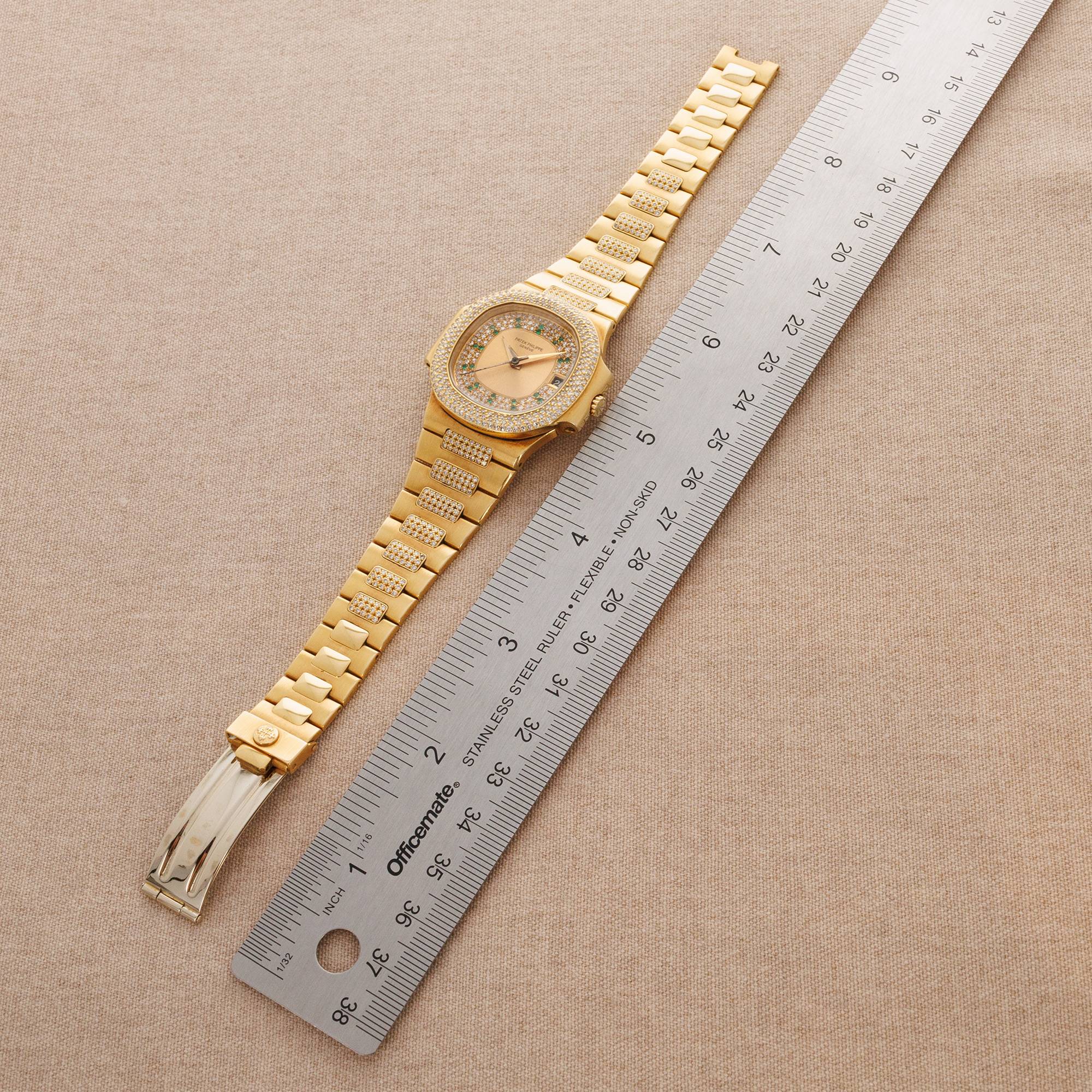 Patek Philippe Yellow Gold Nautilus Ref. 3800/105 with Pave Diamond and Emerald