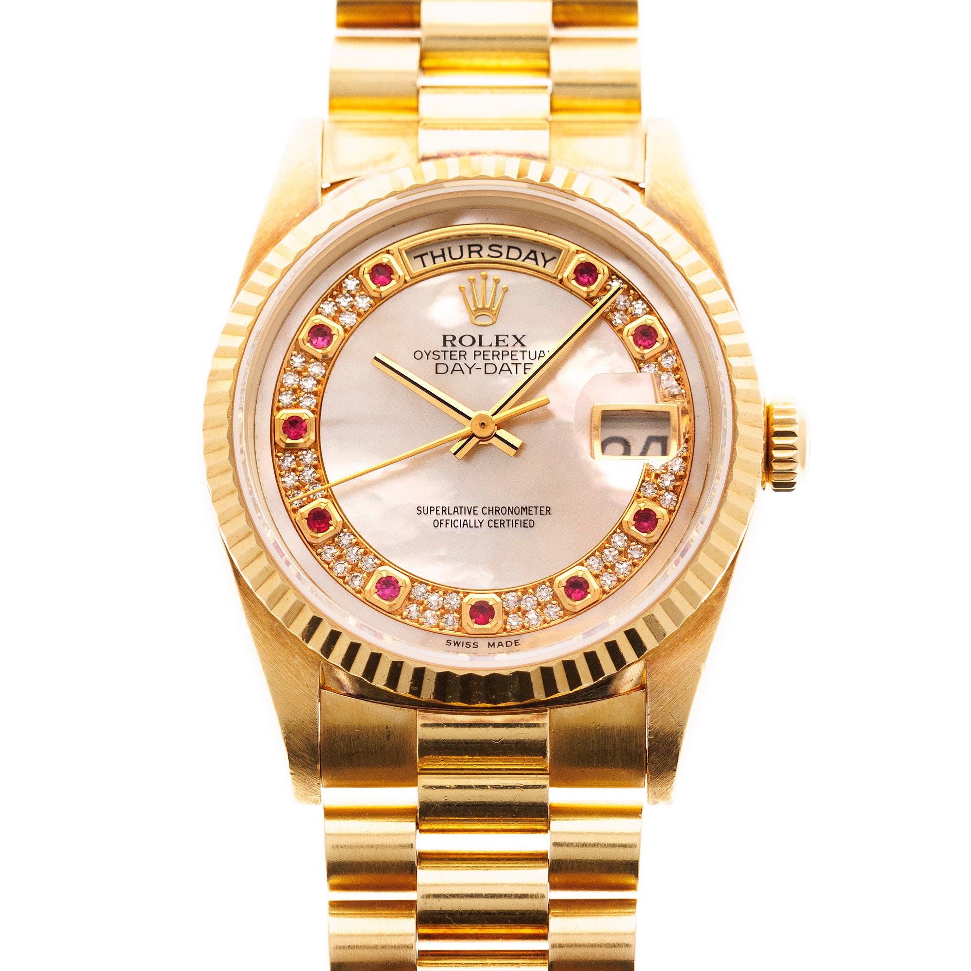 Rolex - Rolex Yellow Gold Day-Date 18238 with Mother of Pearl and Ruby String Dial - The Keystone Watches