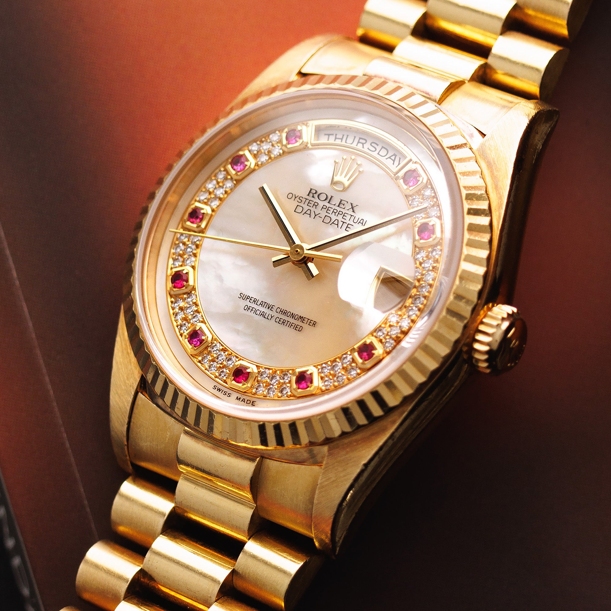 Rolex - Rolex Yellow Gold Day-Date 18238 with Mother of Pearl and Ruby String Dial - The Keystone Watches