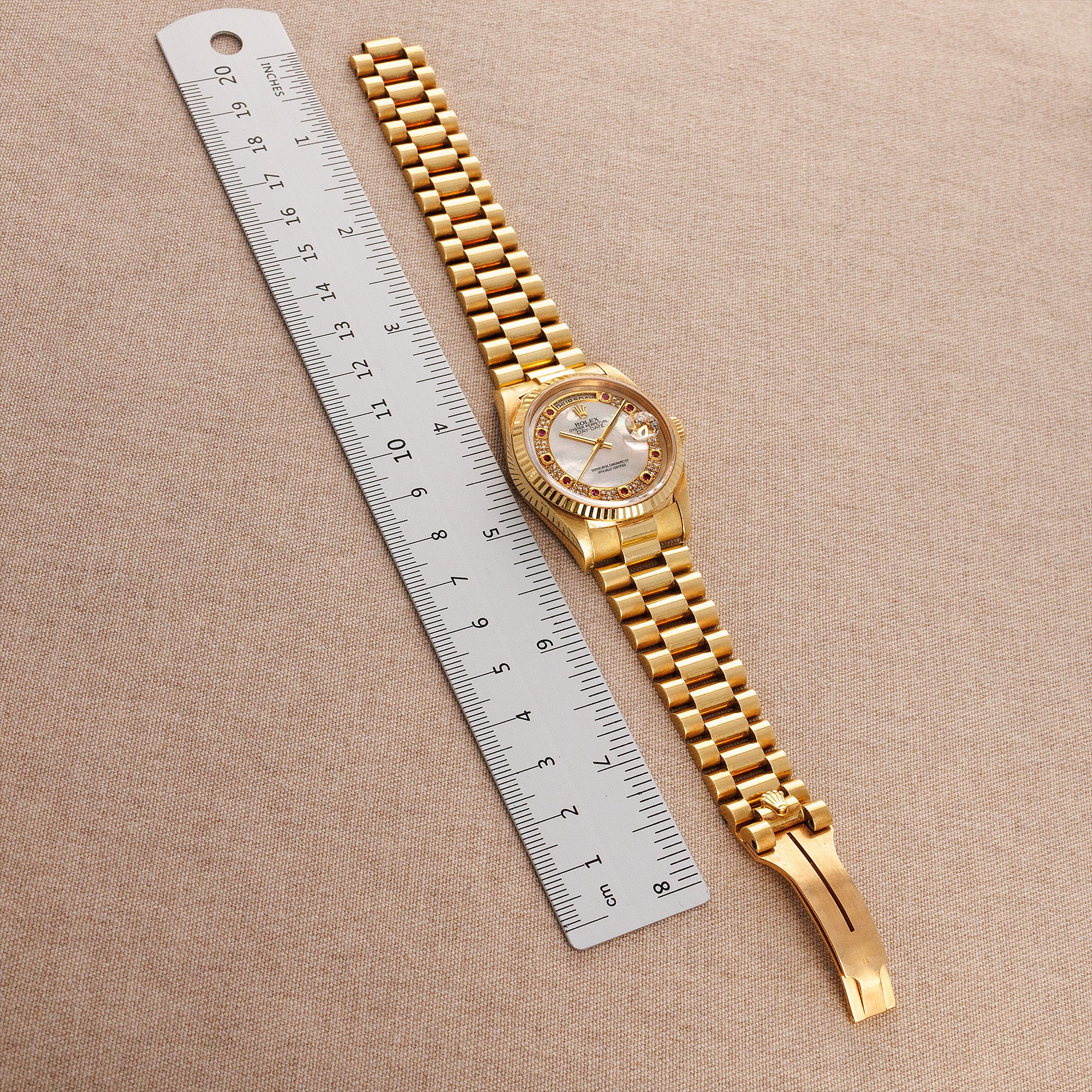 Rolex - Rolex Yellow Gold Day-Date 18238 with Mother of Pearl and Ruby String Dial - The Keystone Watches