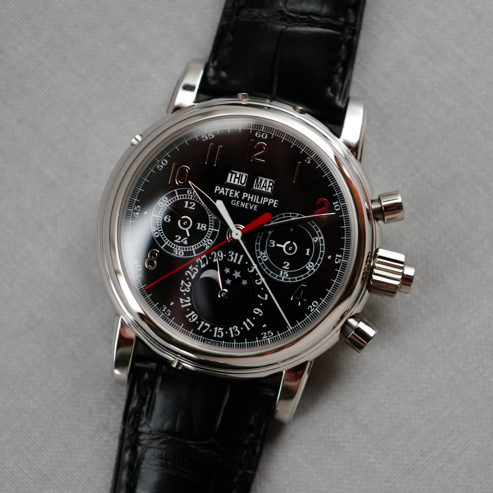 Patek Philippe - Patek Philippe Platinum Perpetual Calendar Split Seconds Chronograph Ref. 5004P with Unique Red Numeral 2 (Private Sale) - The Keystone Watches