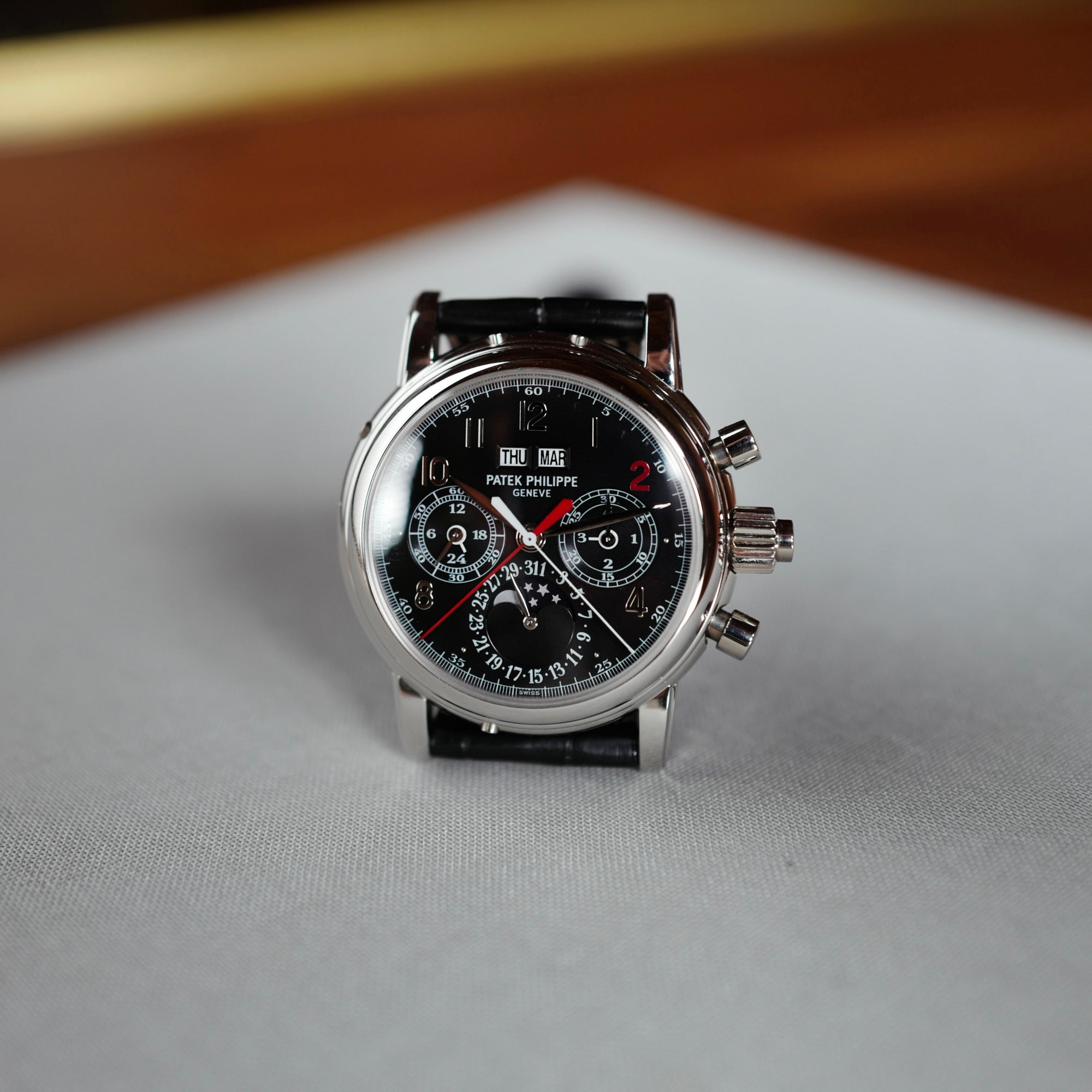 Patek Philippe - Patek Philippe Platinum Perpetual Calendar Split Seconds Chronograph Ref. 5004P with Unique Red Numeral 2 (Private Sale) - The Keystone Watches