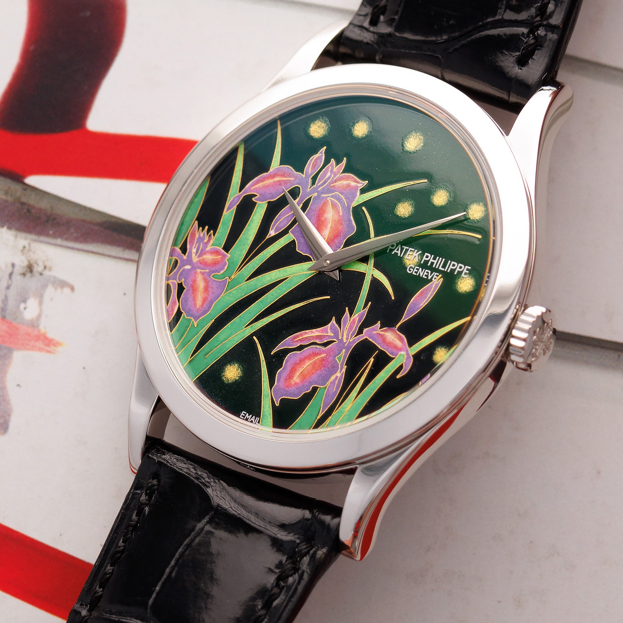 Patek Philippe Platinum Handcraft Watch Ref. 5077 with Enamel Iris and Night Fireflies