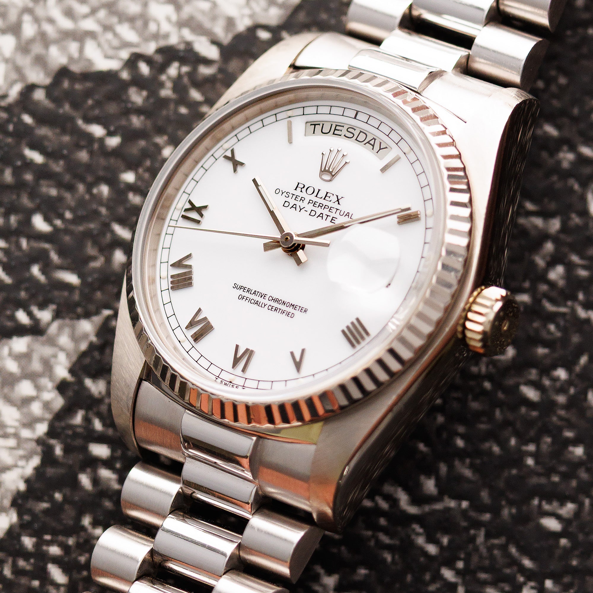 Rolex White Gold Day-Date Watch Ref. 18039 White Roman Dial
