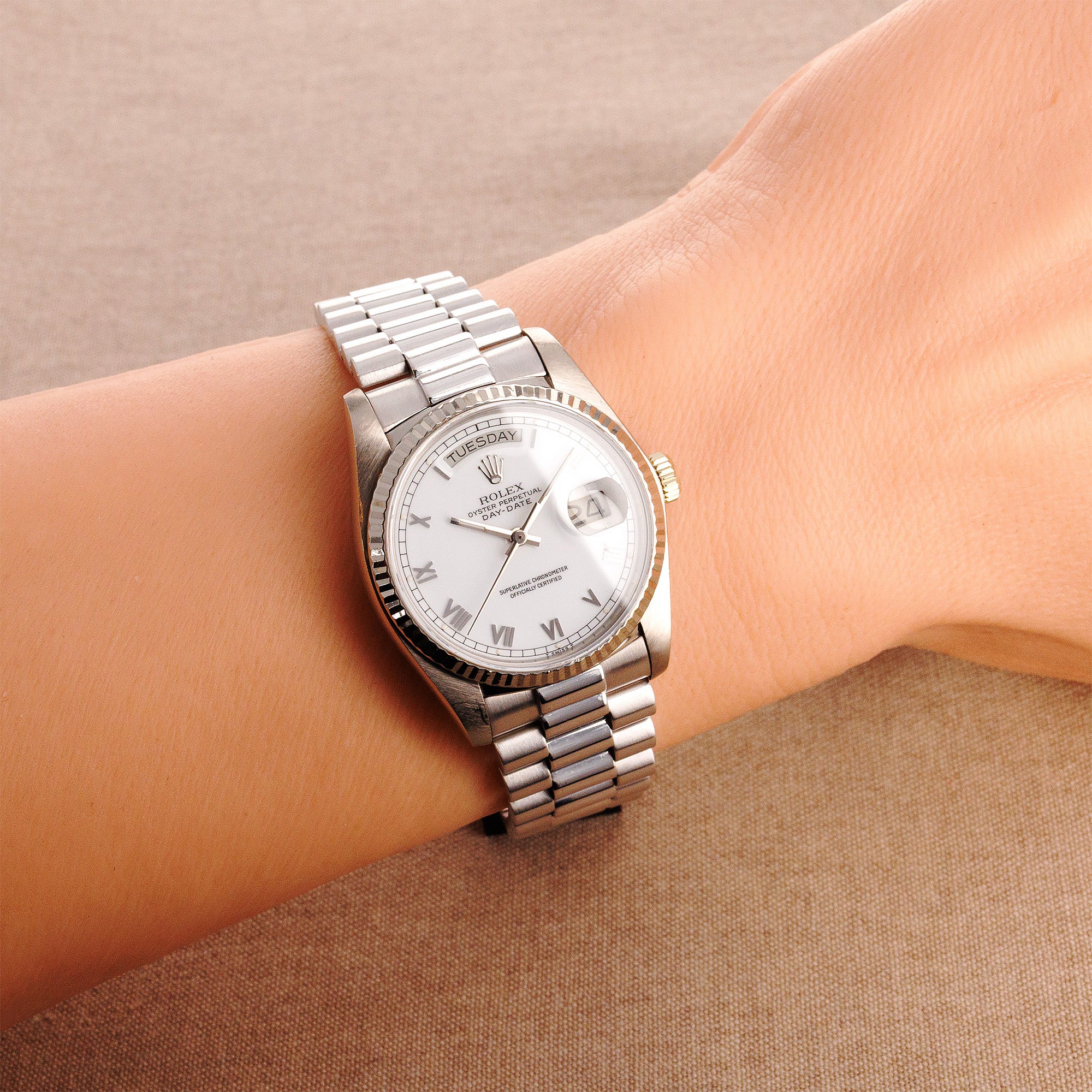 Rolex White Gold Day-Date Watch Ref. 18039 White Roman Dial