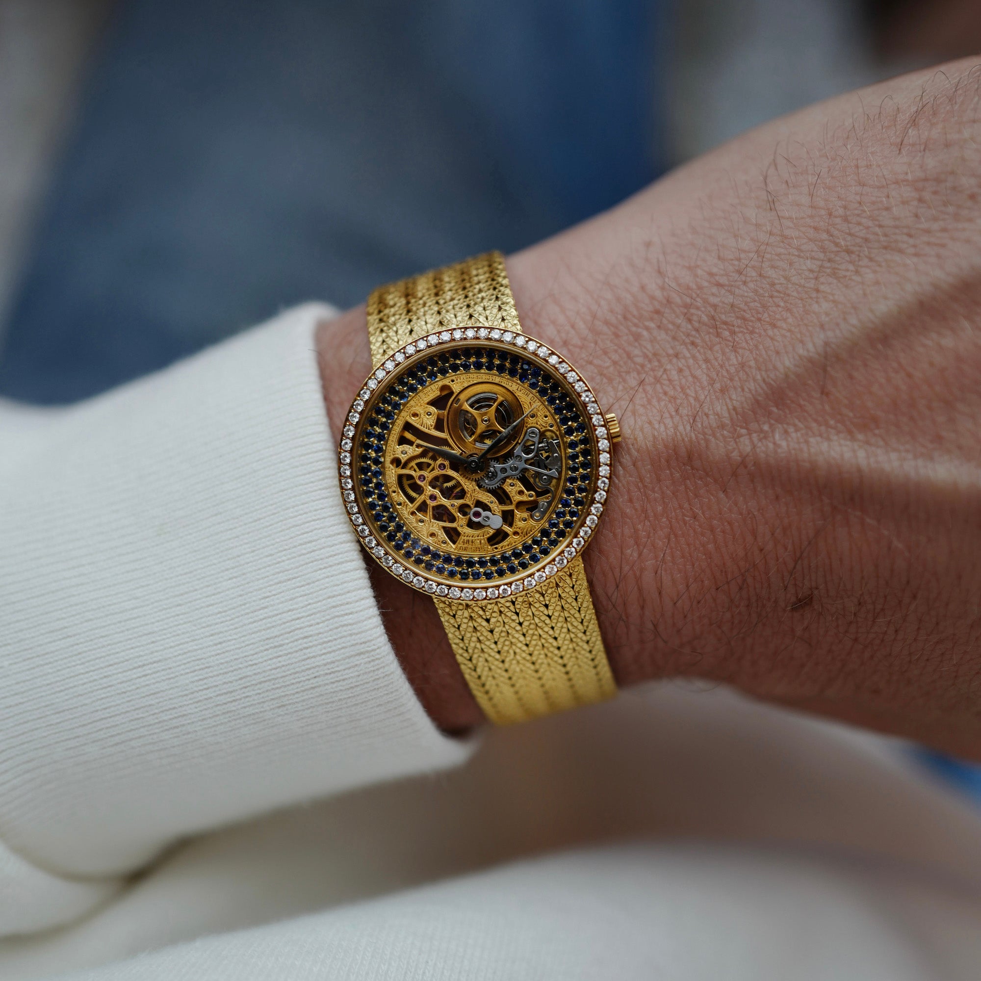 Audemars Piguet Yellow Gold Skeleton Watch with Diamonds and Sapphires