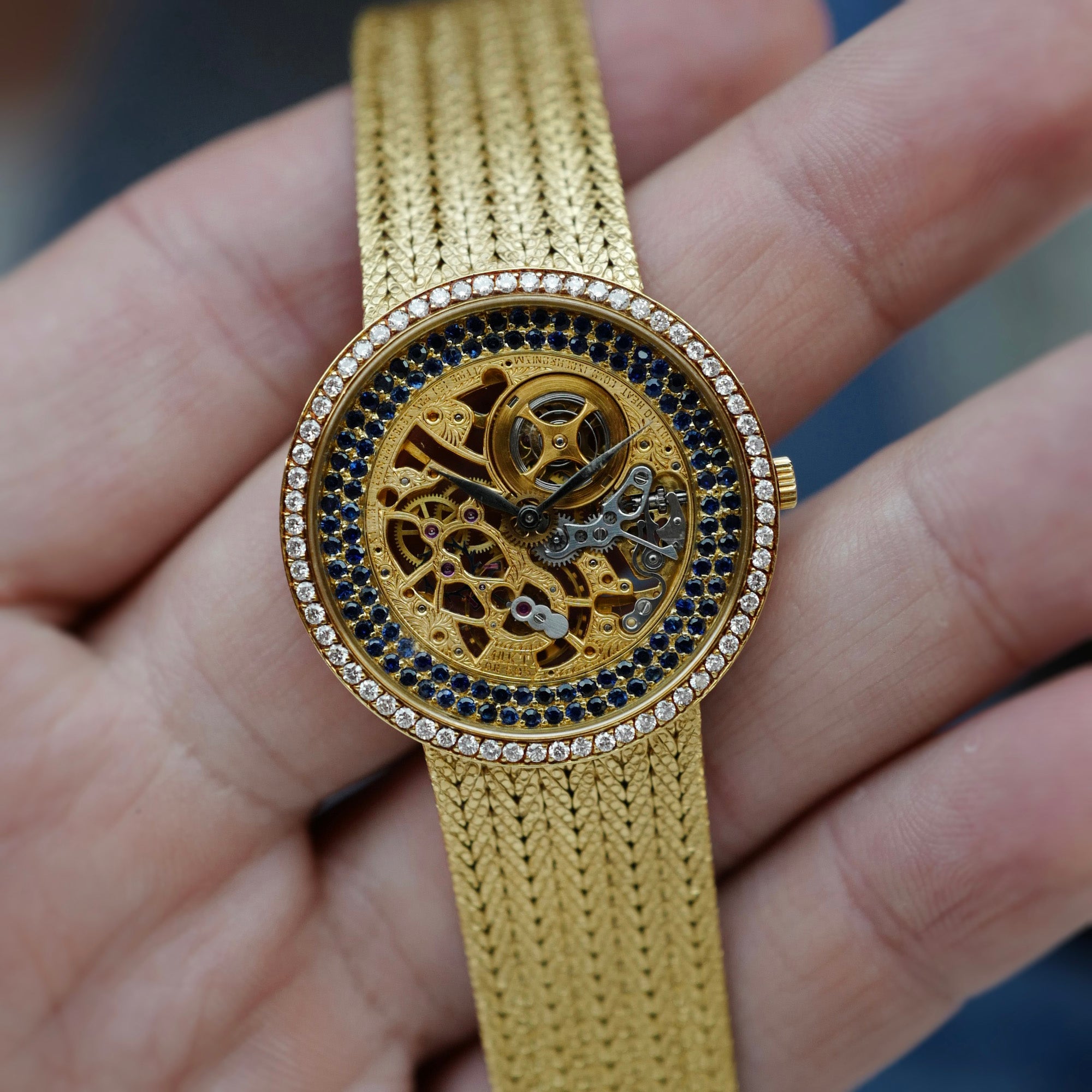 Audemars Piguet Yellow Gold Skeleton Watch with Diamonds and Sapphires