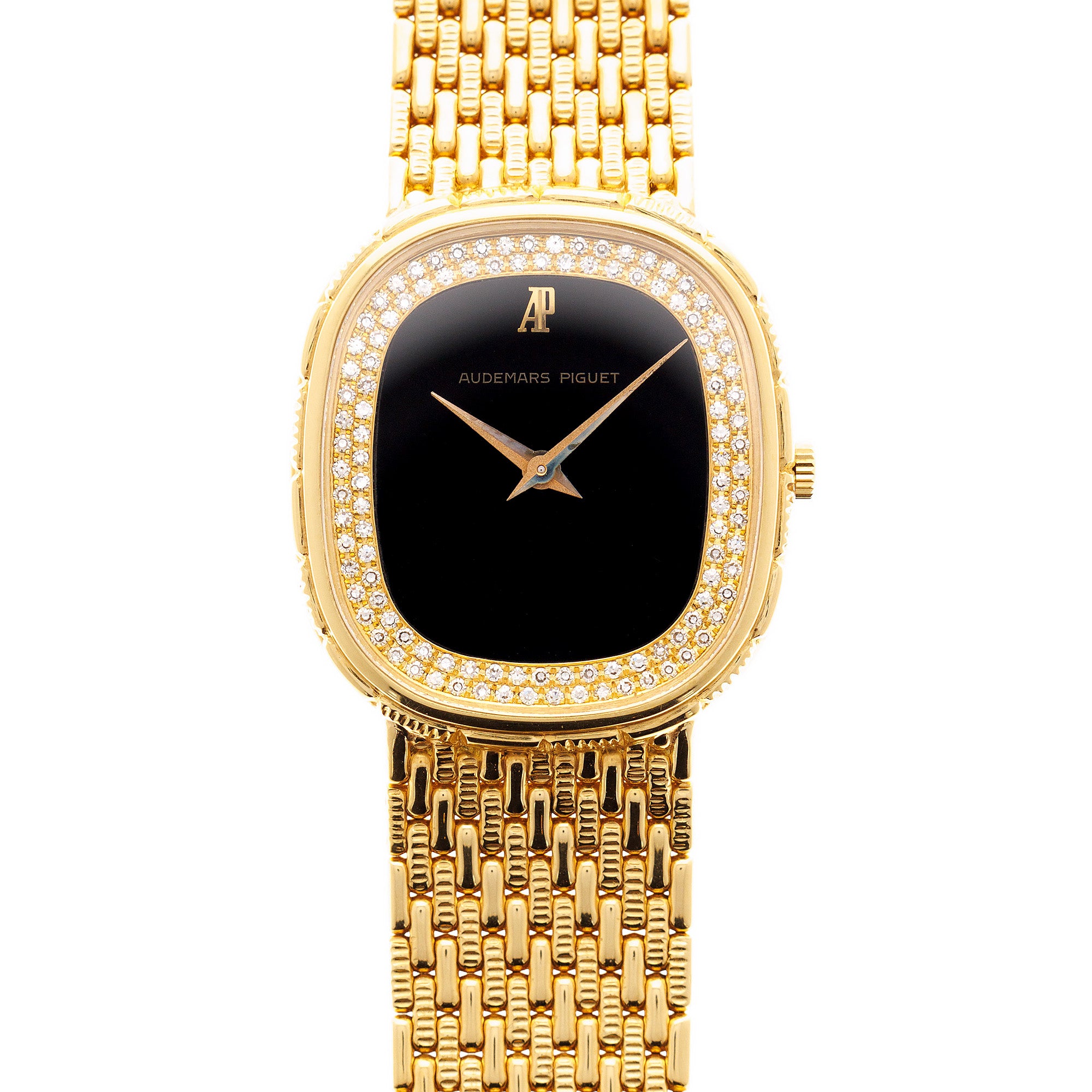 Audemars Piguet Yellow Gold Bracelet Watch with Onyx and Diamond Dial
