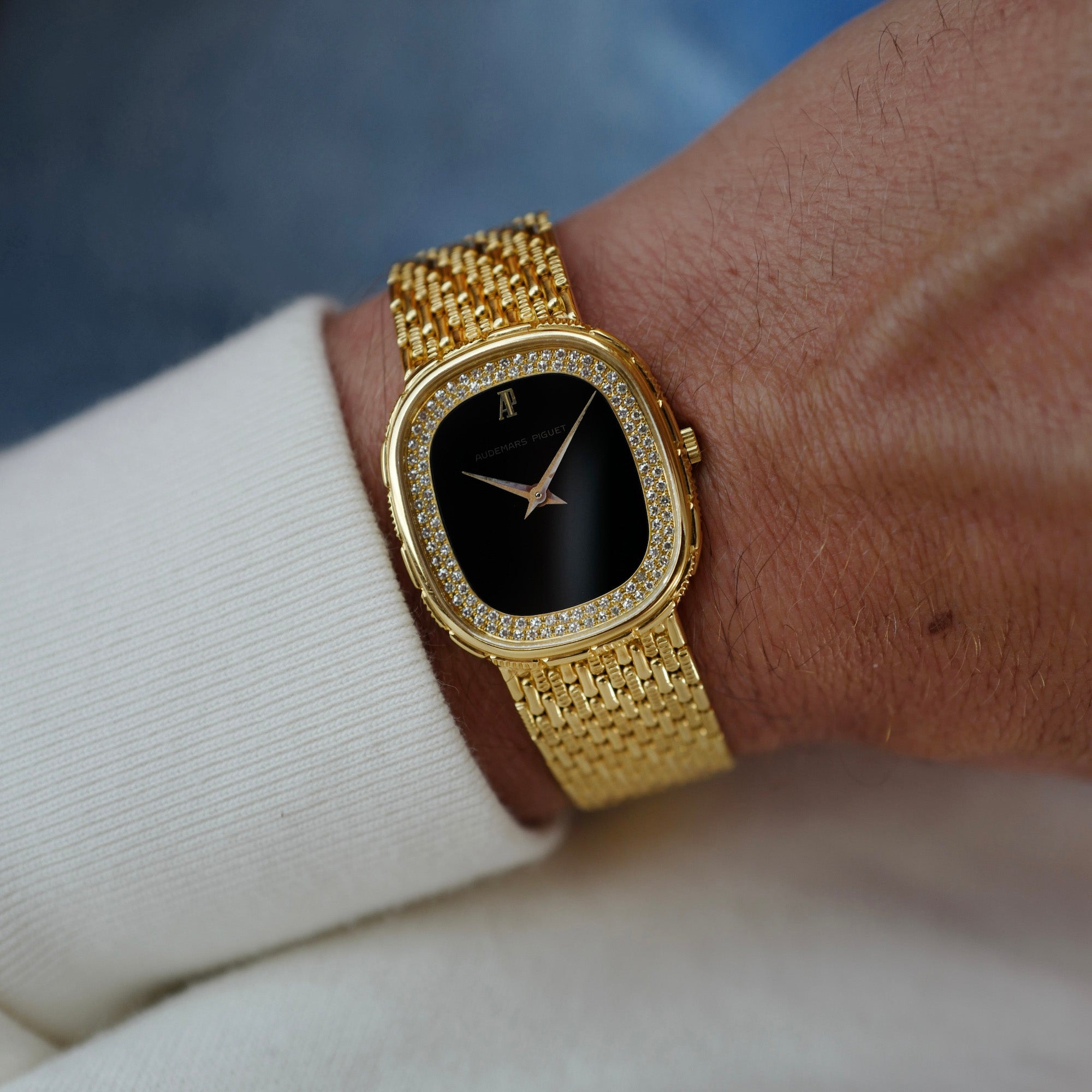 Audemars Piguet Yellow Gold Bracelet Watch with Onyx and Diamond Dial