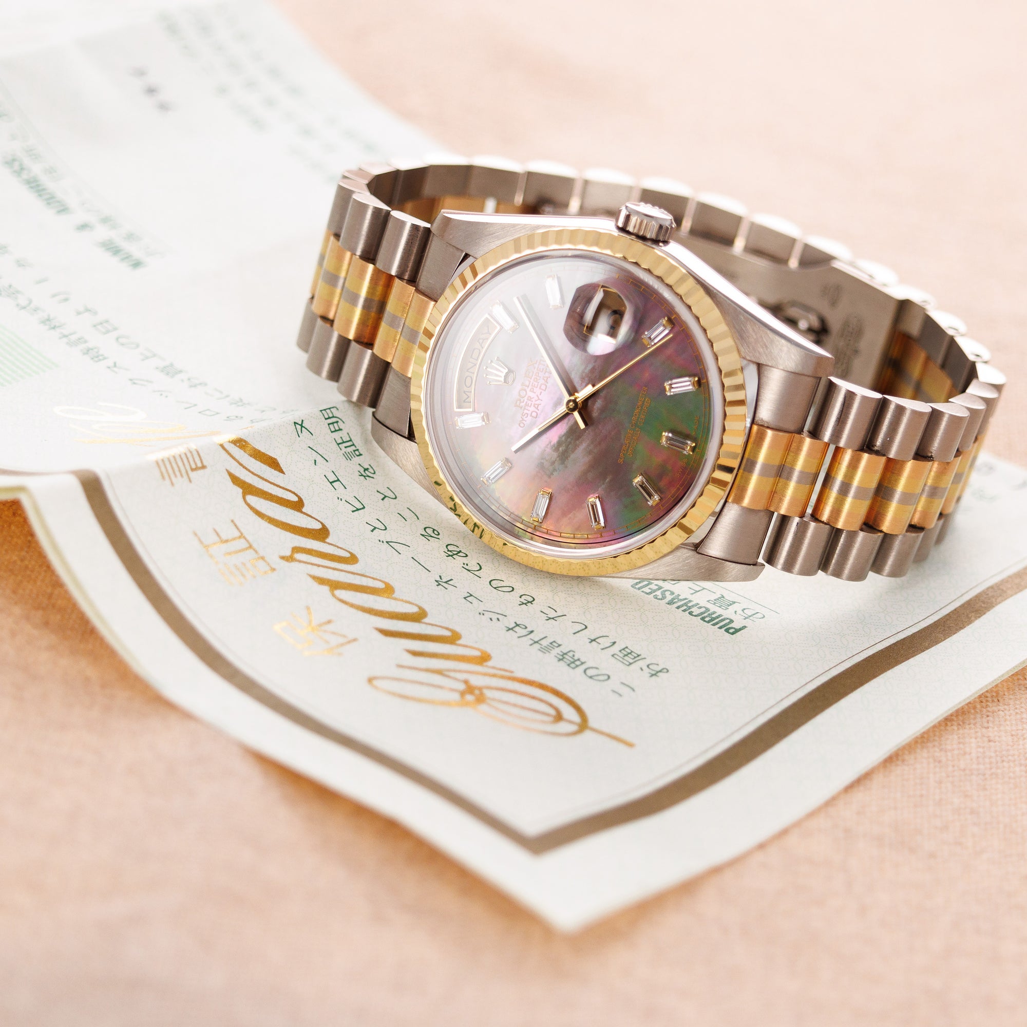 Rolex Tridor Day-Date Ref. 18239 with Mother of Pearl and Baguette Diamond Dial