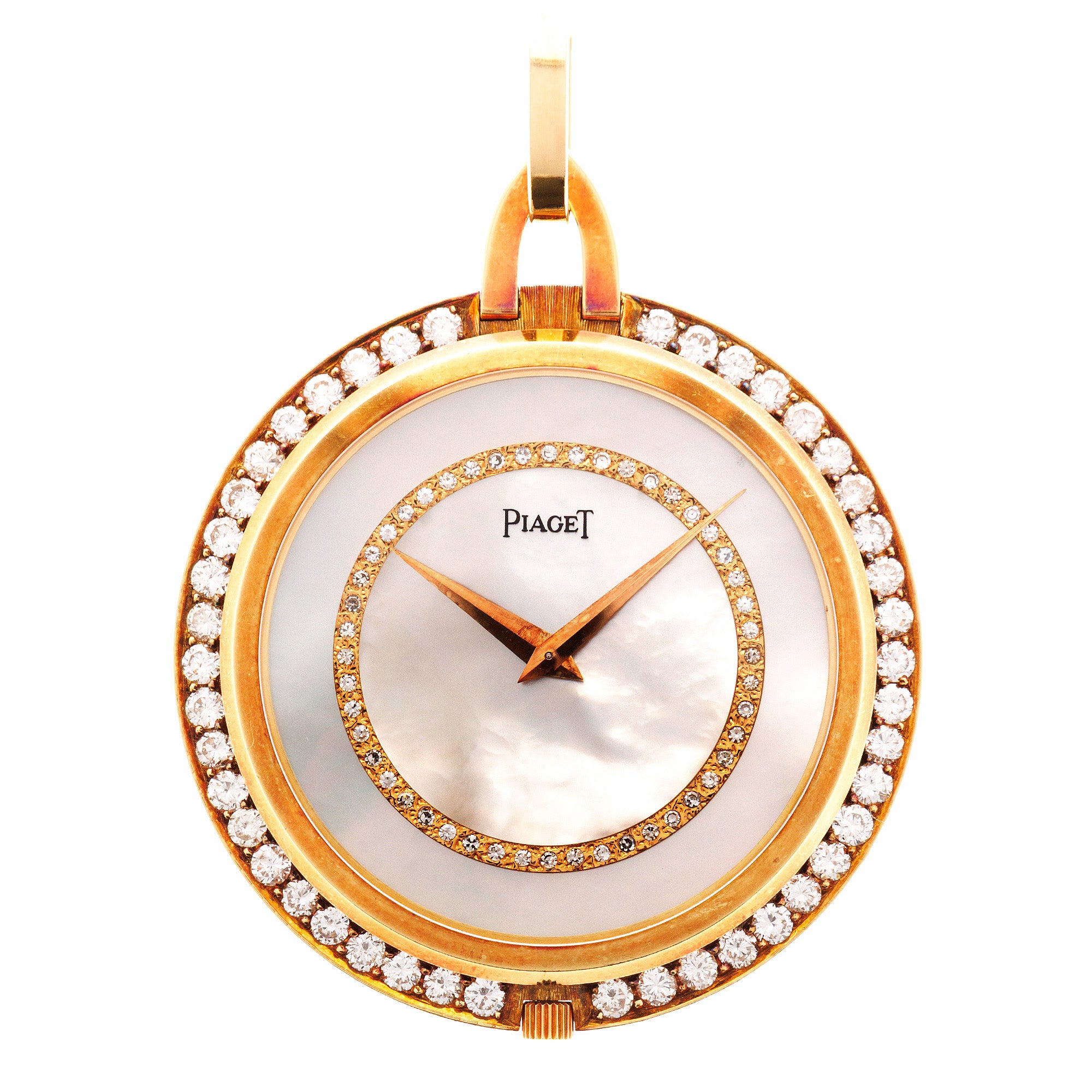 Piaget Yellow Gold and Diamond Pocket Watch with Mother of Pearl and Diamond Dial