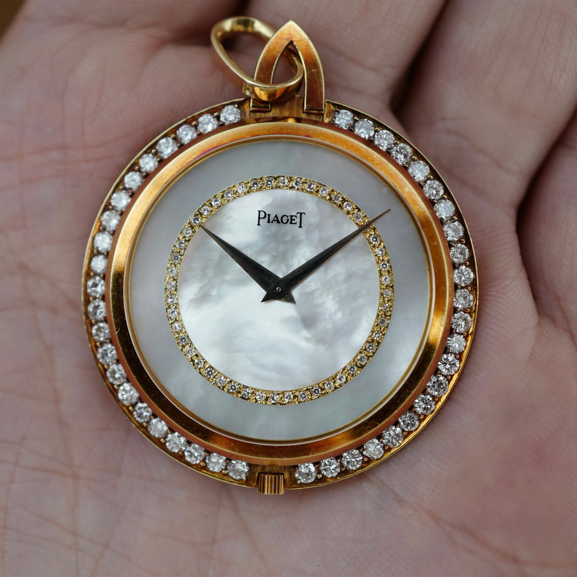 Piaget Yellow Gold and Diamond Pocket Watch with Mother of Pearl and Diamond Dial