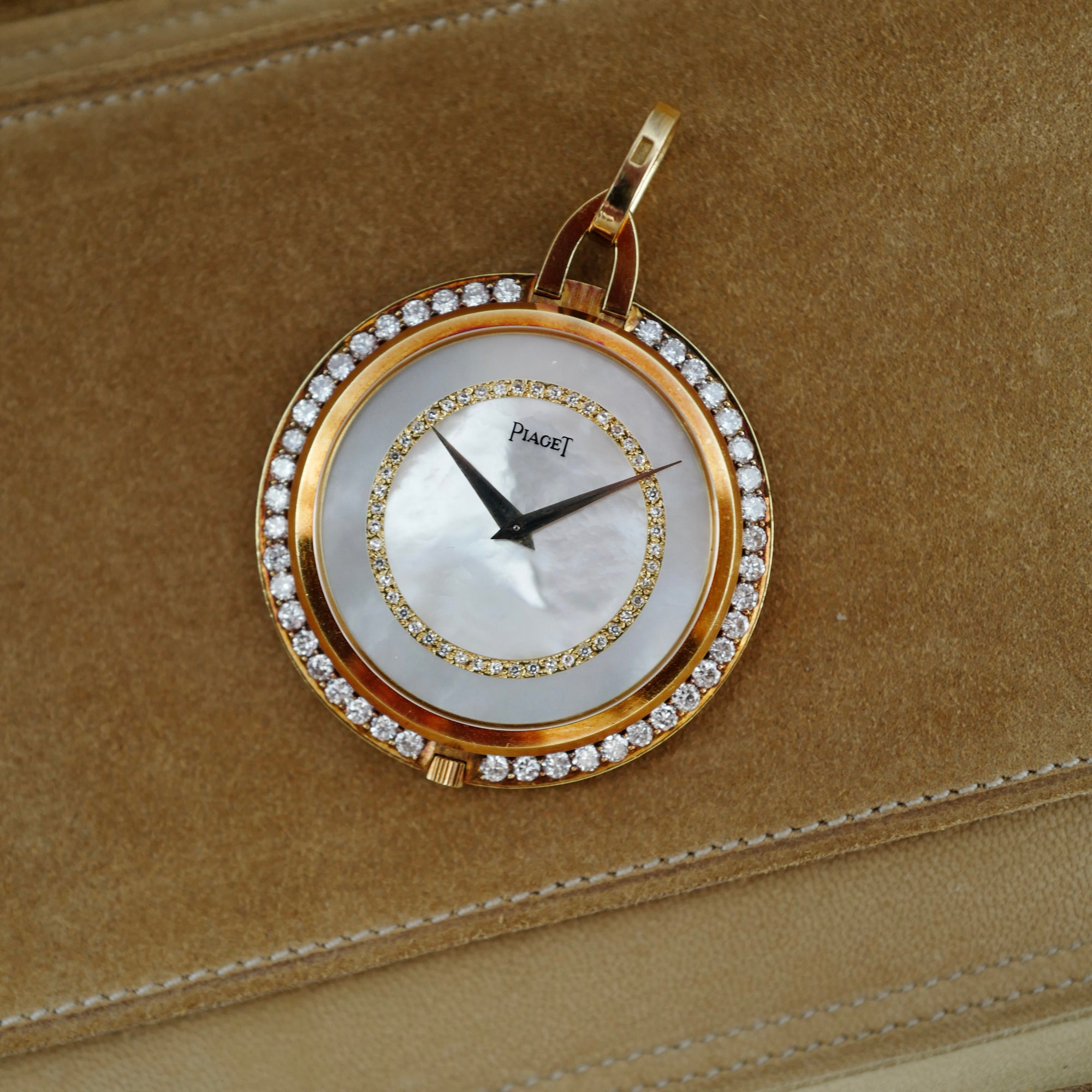 Piaget Yellow Gold and Diamond Pocket Watch with Mother of Pearl and Diamond Dial
