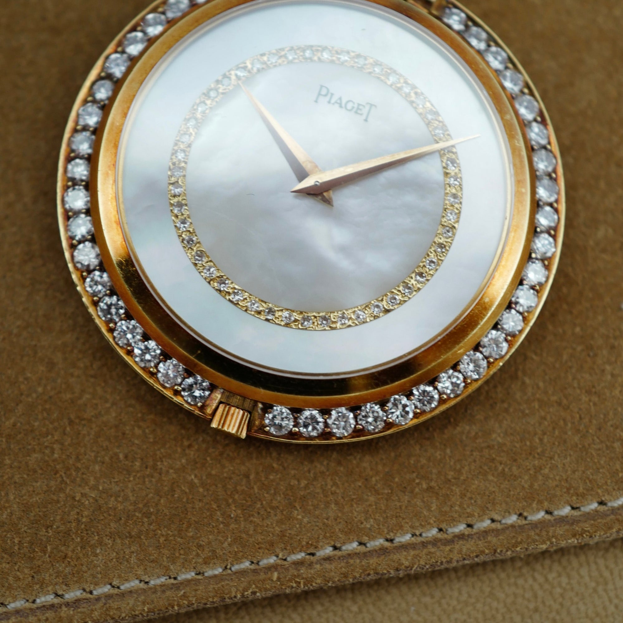 Piaget Yellow Gold and Diamond Pocket Watch with Mother of Pearl and Diamond Dial