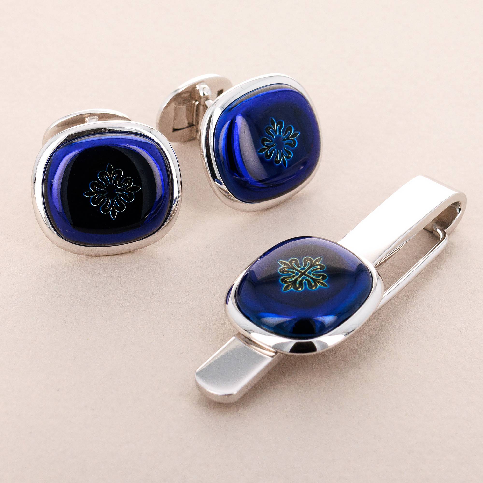 Patek Philippe - Patek Philippe Ellipse Blue Cufflinks and Tie Clip Set (Objet) - The Keystone Watches