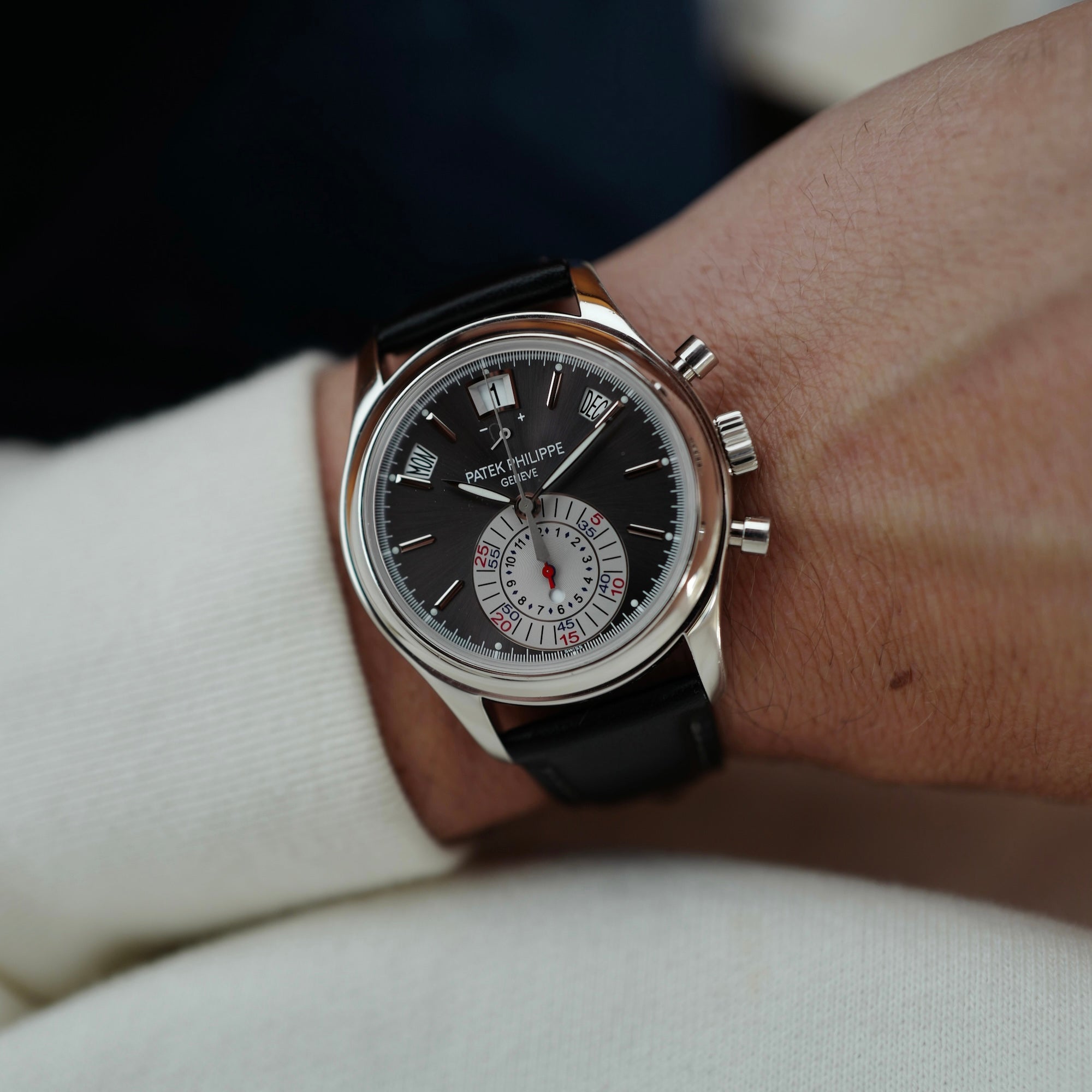Patek Philippe - Patek Philippe Platinum Annual Calendar Chronograph Ref. 5960 with Original Box and Papers - The Keystone Watches