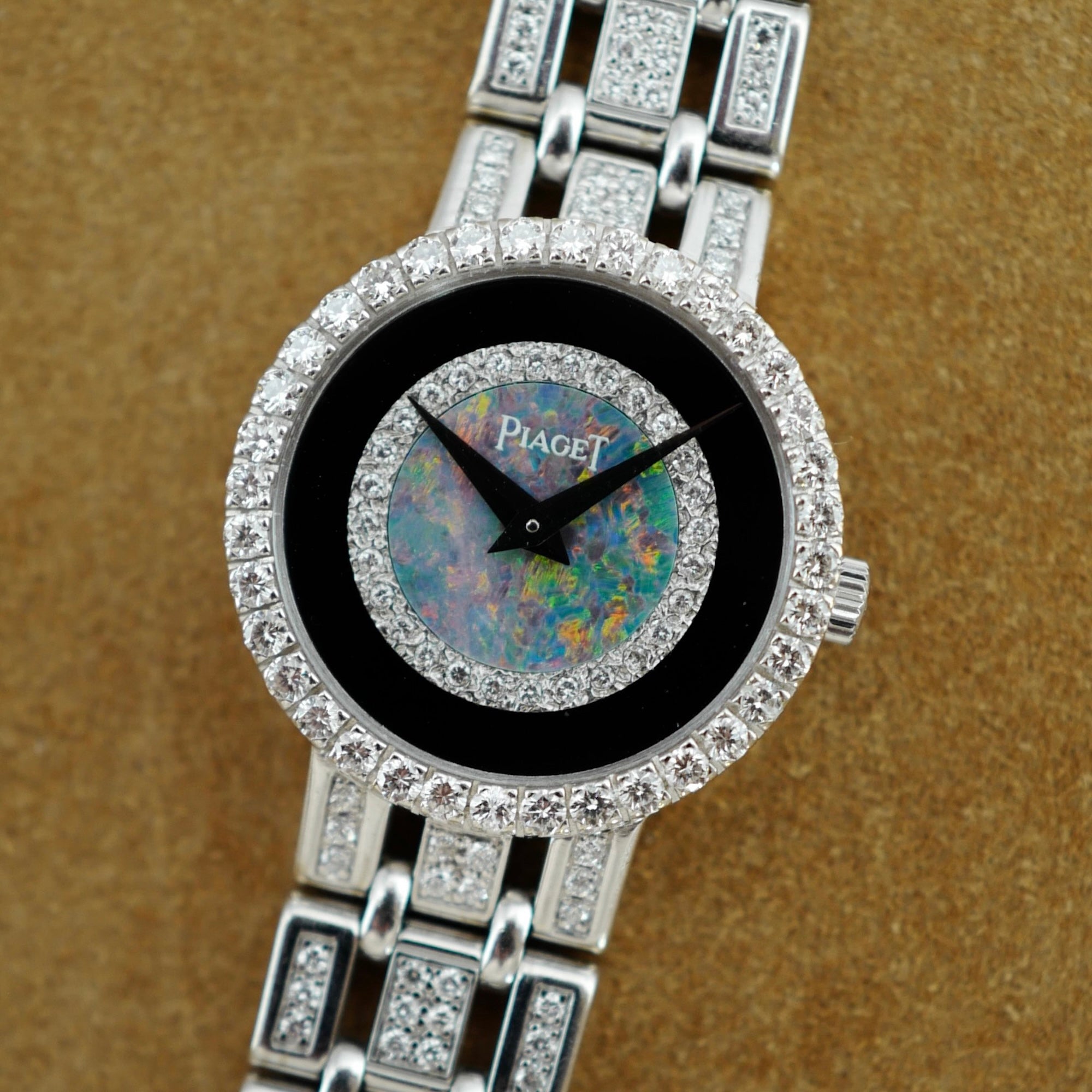 Piaget White Gold and Diamond Watch Ref. 8056 with Opal and Onyx Dial (New Arrival)