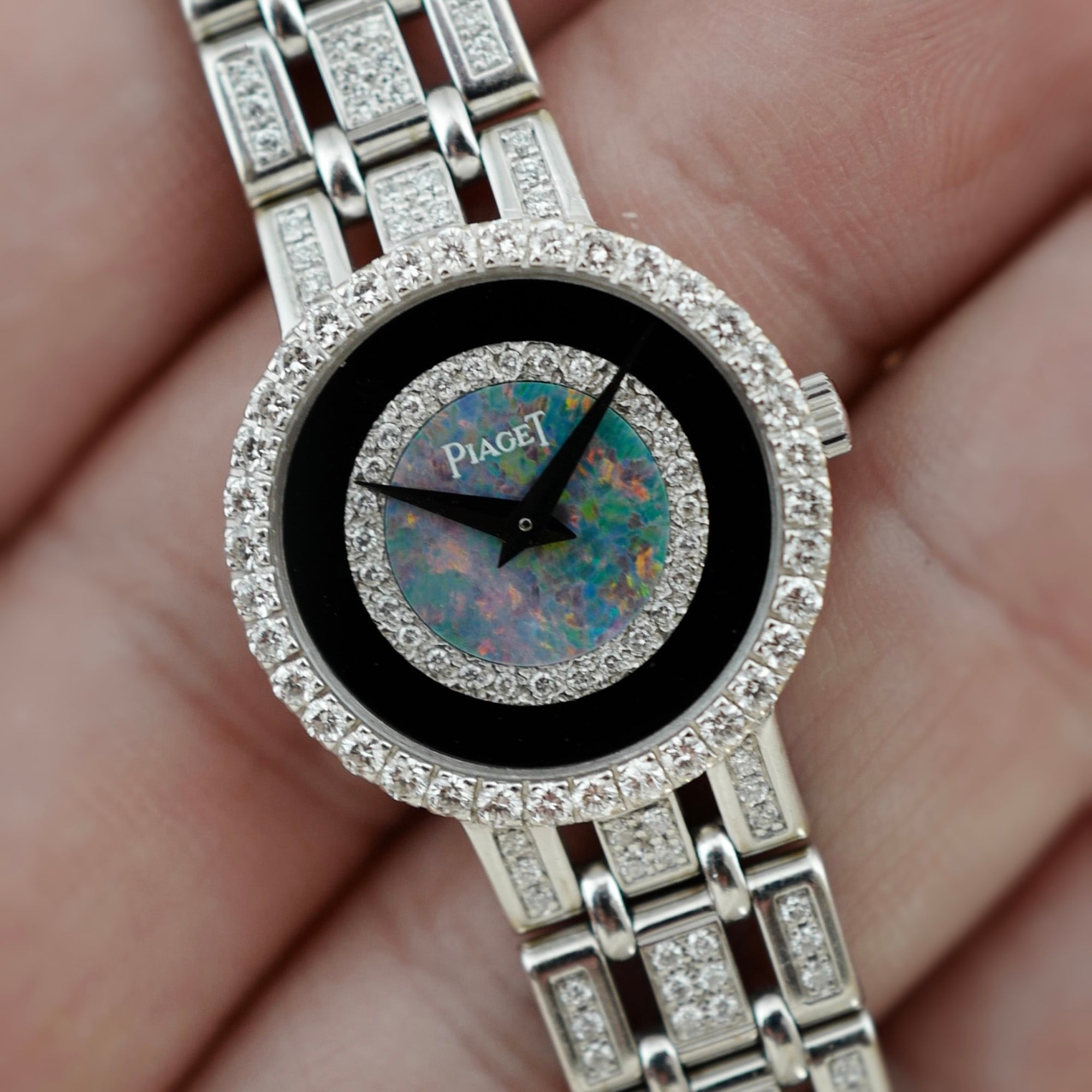 Piaget White Gold and Diamond Watch Ref. 8056 with Opal and Onyx Dial (New Arrival)