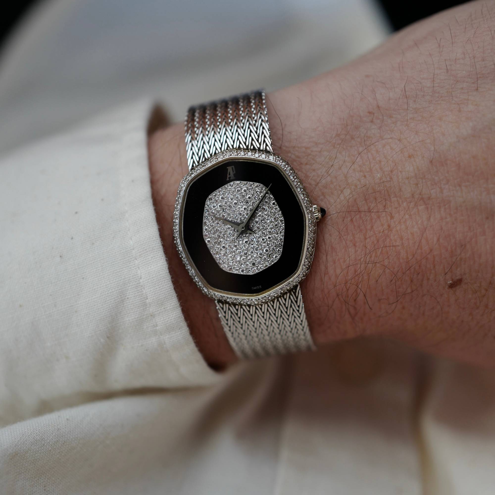 Audemars Piguet - Audemars Piguet White Gold Octagonal Watch with Pave and Onyx Dial - The Keystone Watches