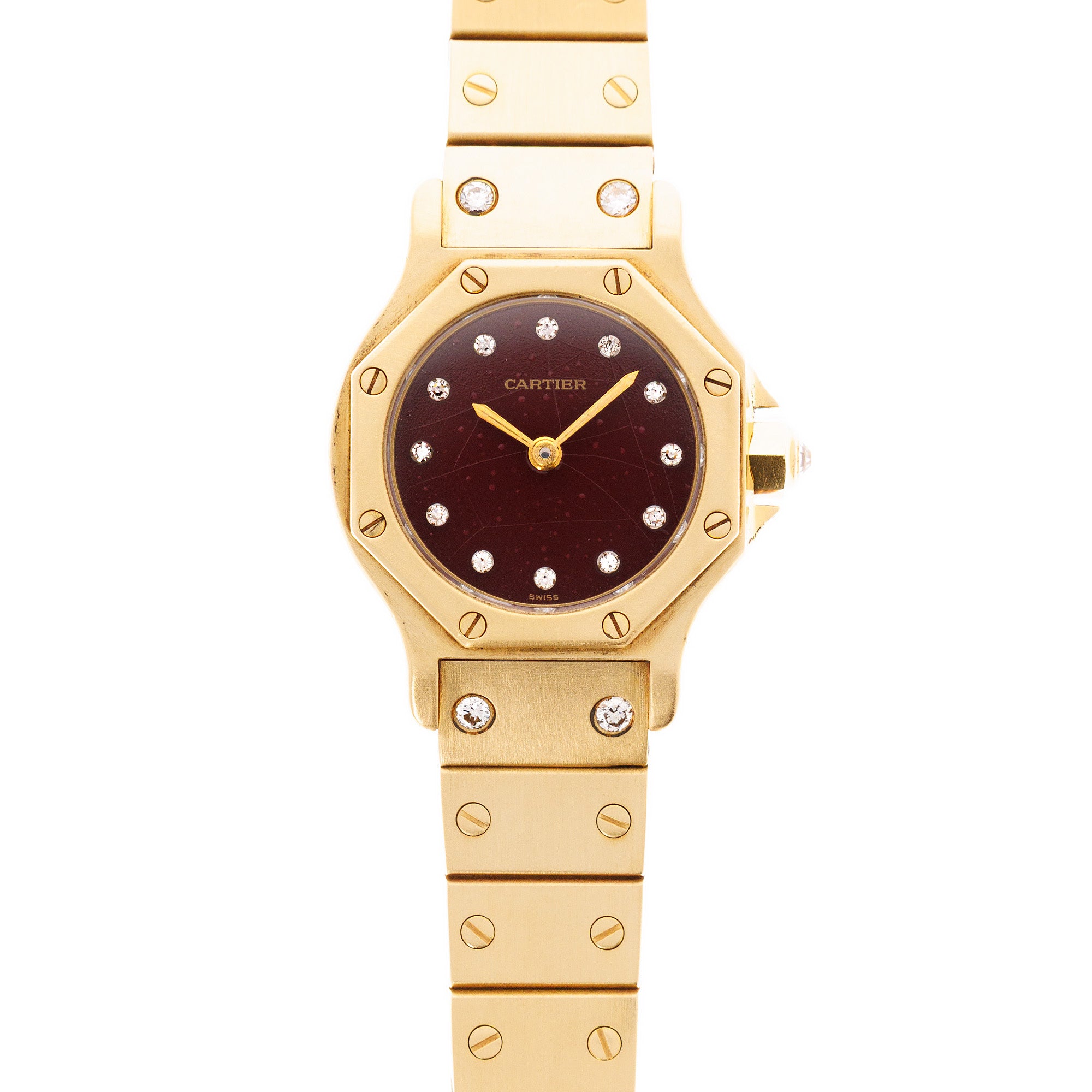 Cartier Yellow Gold Round Santos Ref. 0906 with Red Dial and Diamond Markers