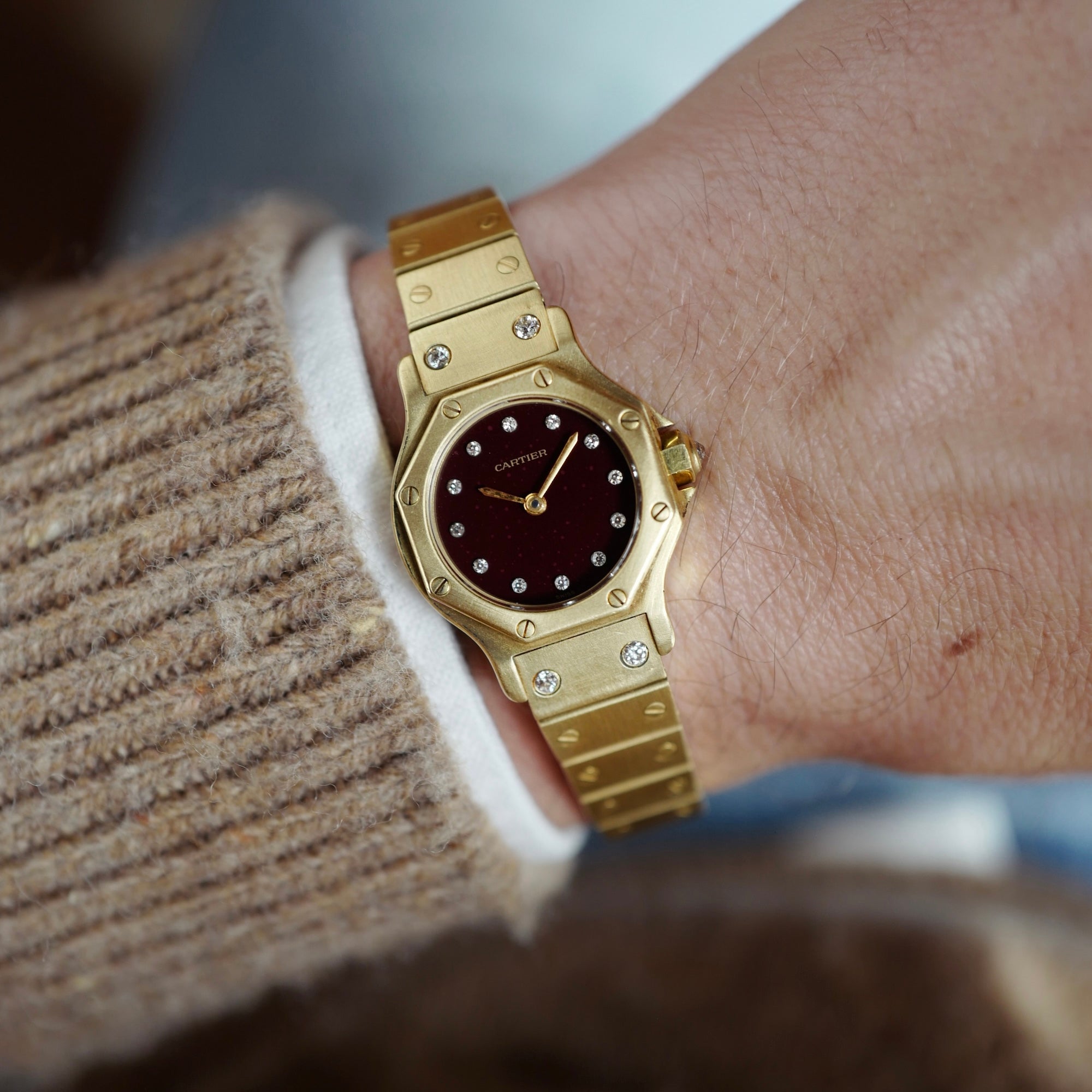 Cartier Yellow Gold Round Santos Ref. 0906 with Red Dial and Diamond Markers
