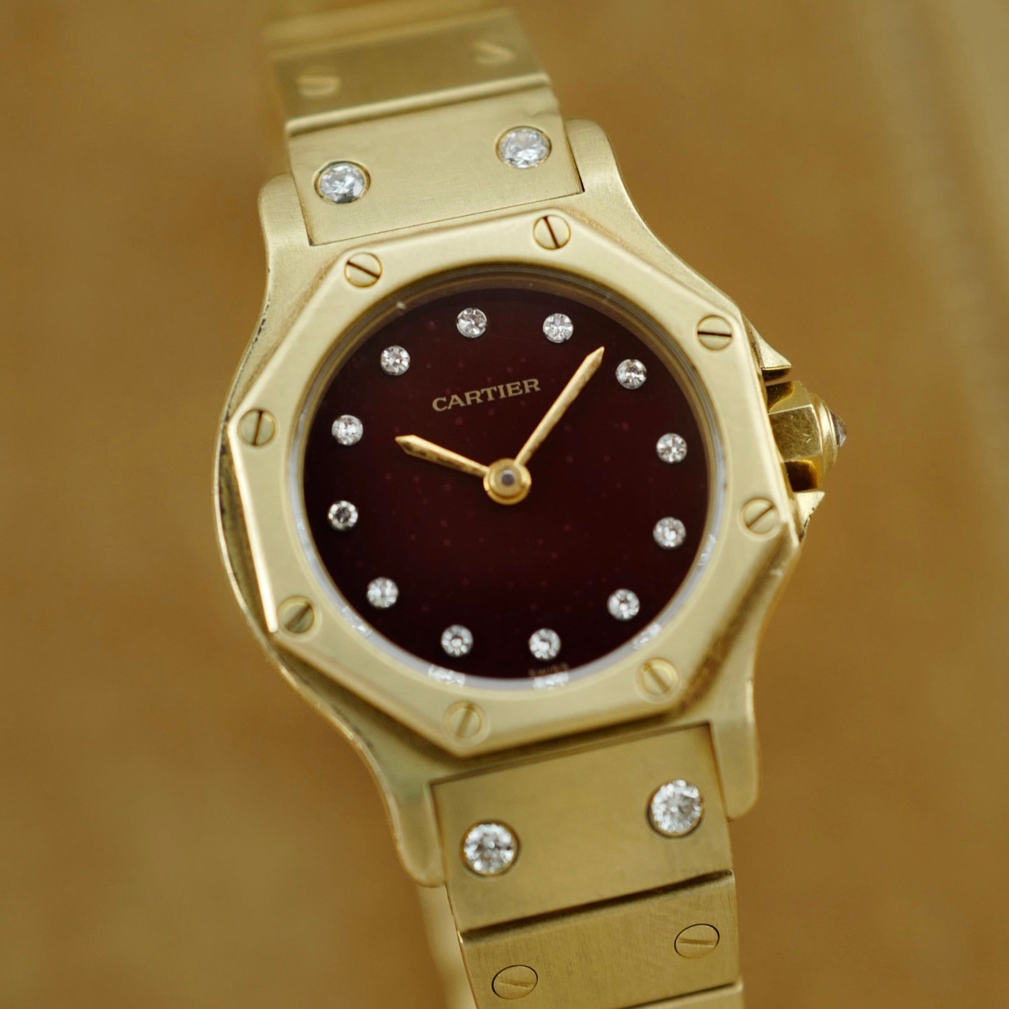 Cartier Yellow Gold Round Santos Ref. 0906 with Red Dial and Diamond Markers