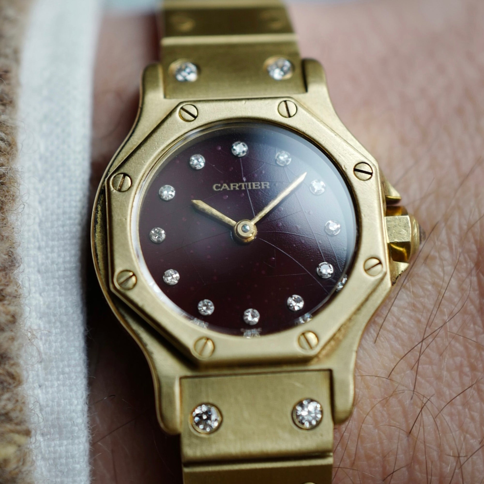 Cartier Yellow Gold Round Santos Ref. 0906 with Red Dial and Diamond Markers