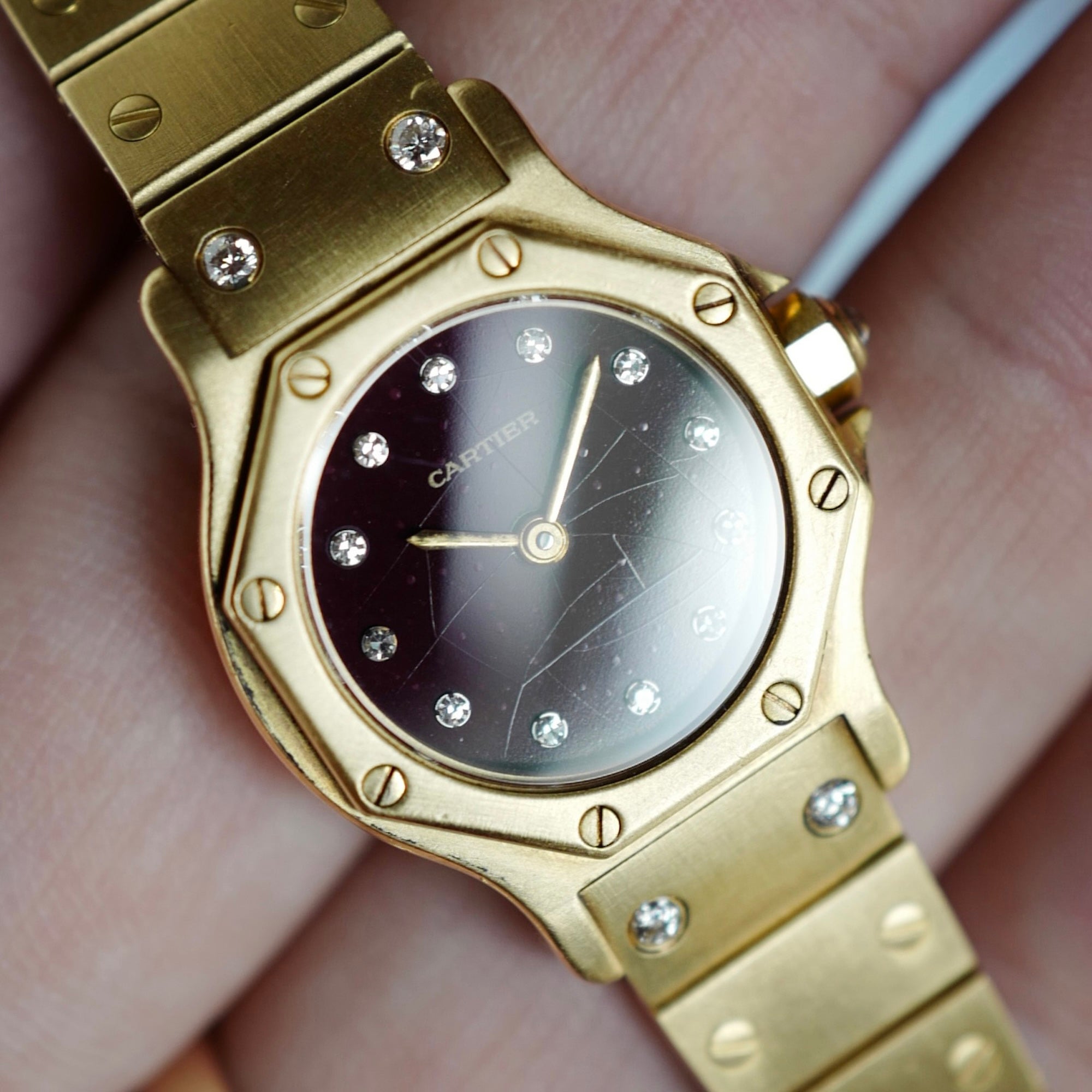 Cartier Yellow Gold Round Santos Ref. 0906 with Red Dial and Diamond Markers
