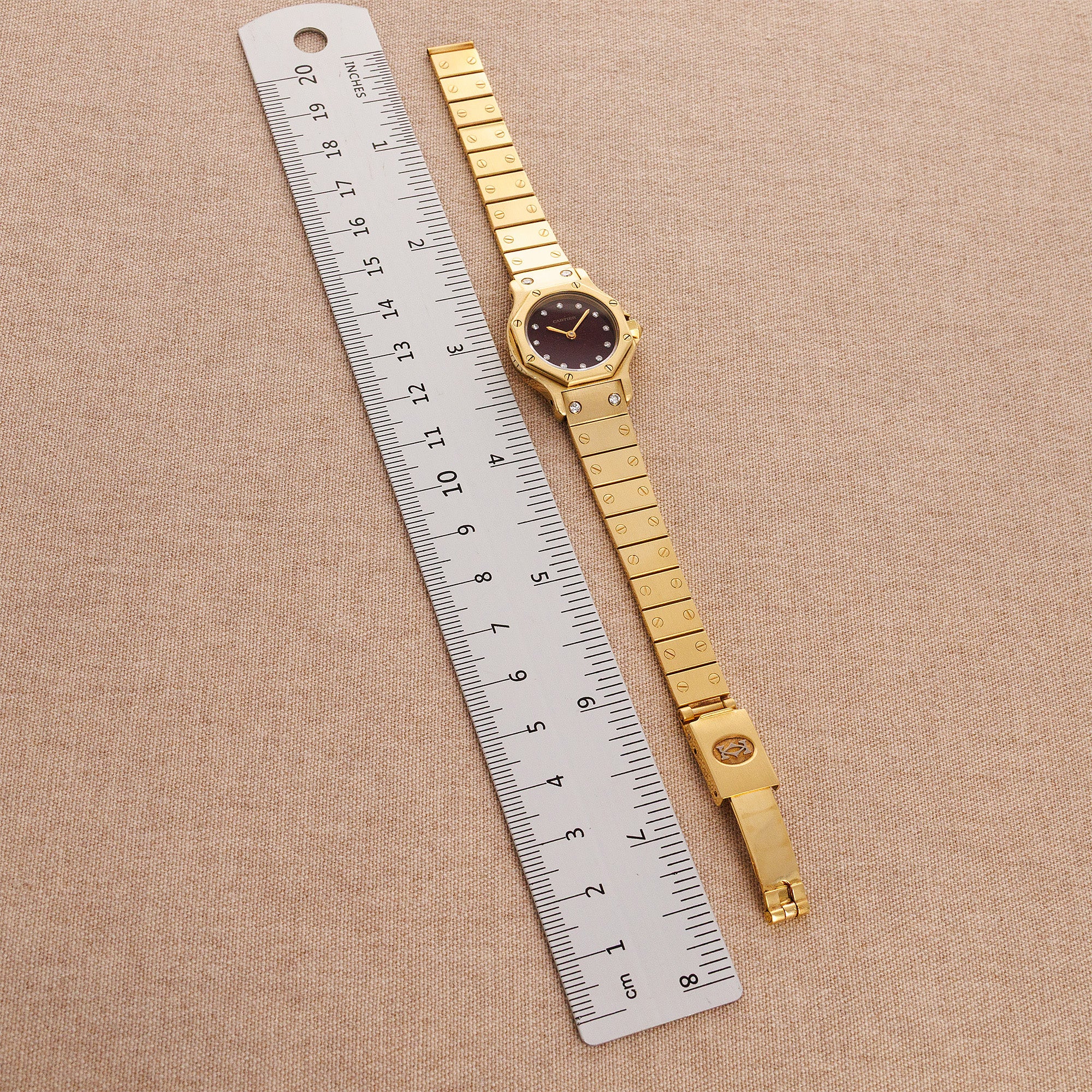 Cartier Yellow Gold Round Santos Ref. 0906 with Red Dial and Diamond Markers