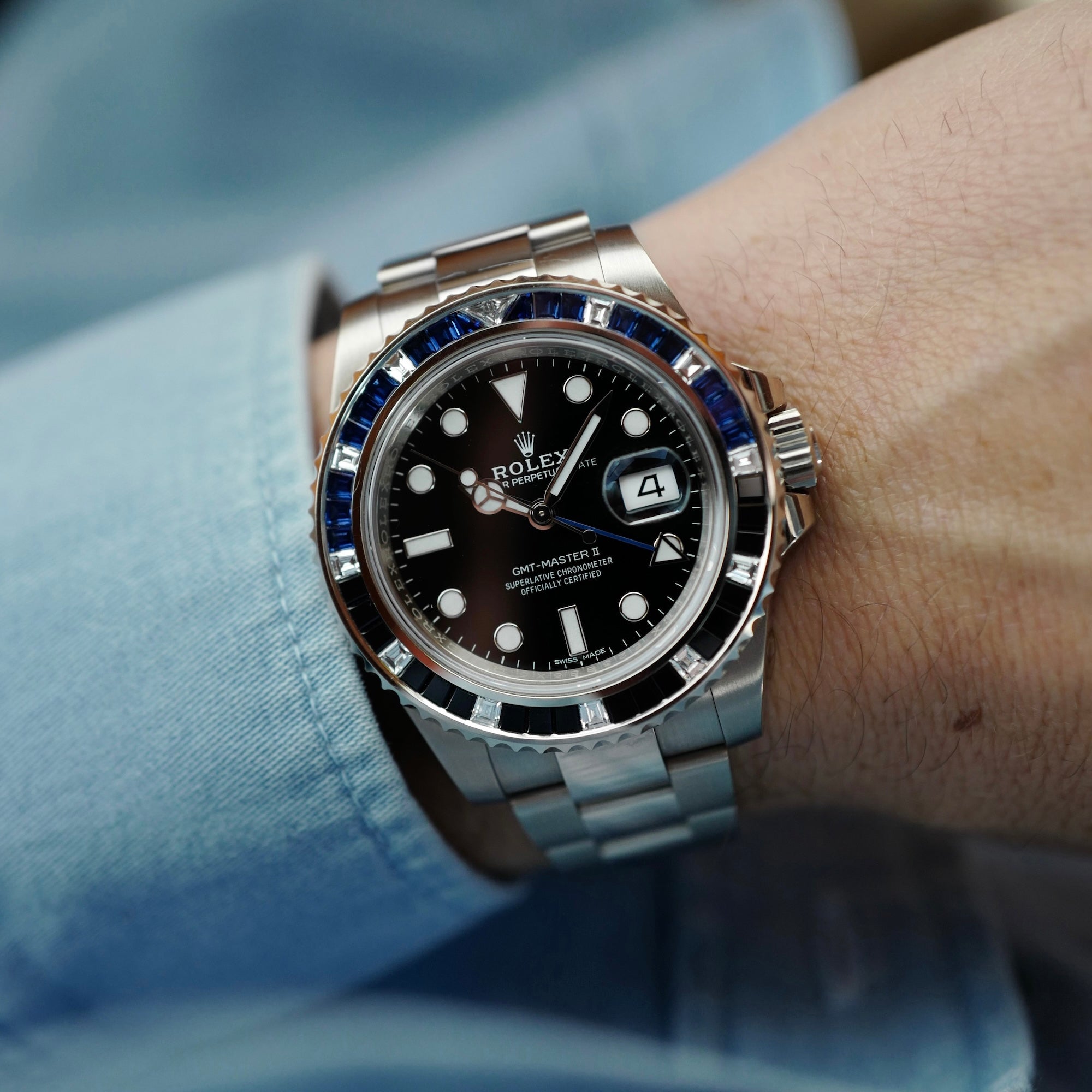 Rolex White Gold Bruce Wayne GMT-Master Diamond Sapphire Watch 116749