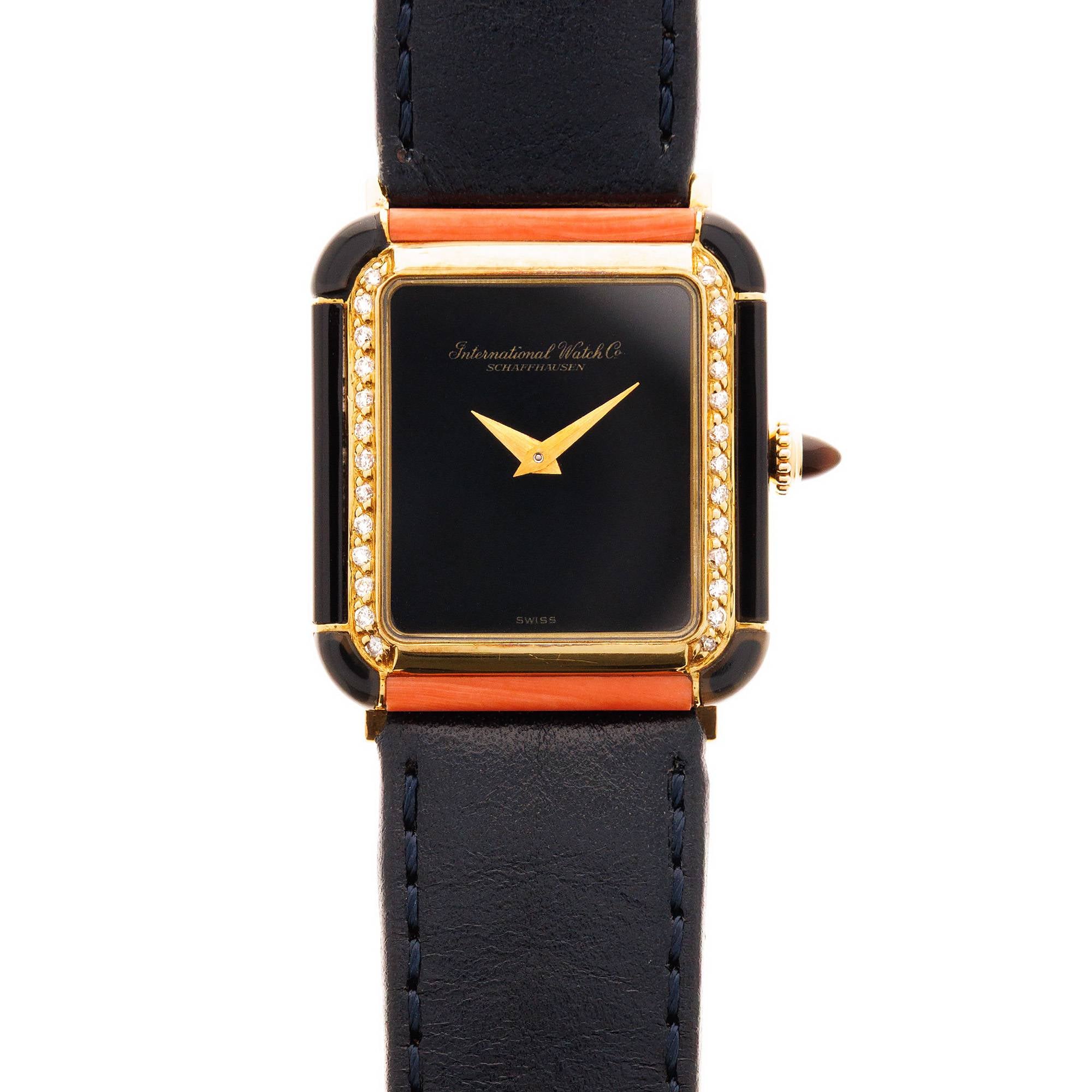 IWC Yellow Gold, Onyx, Coral and Diamond Vintage Watch
