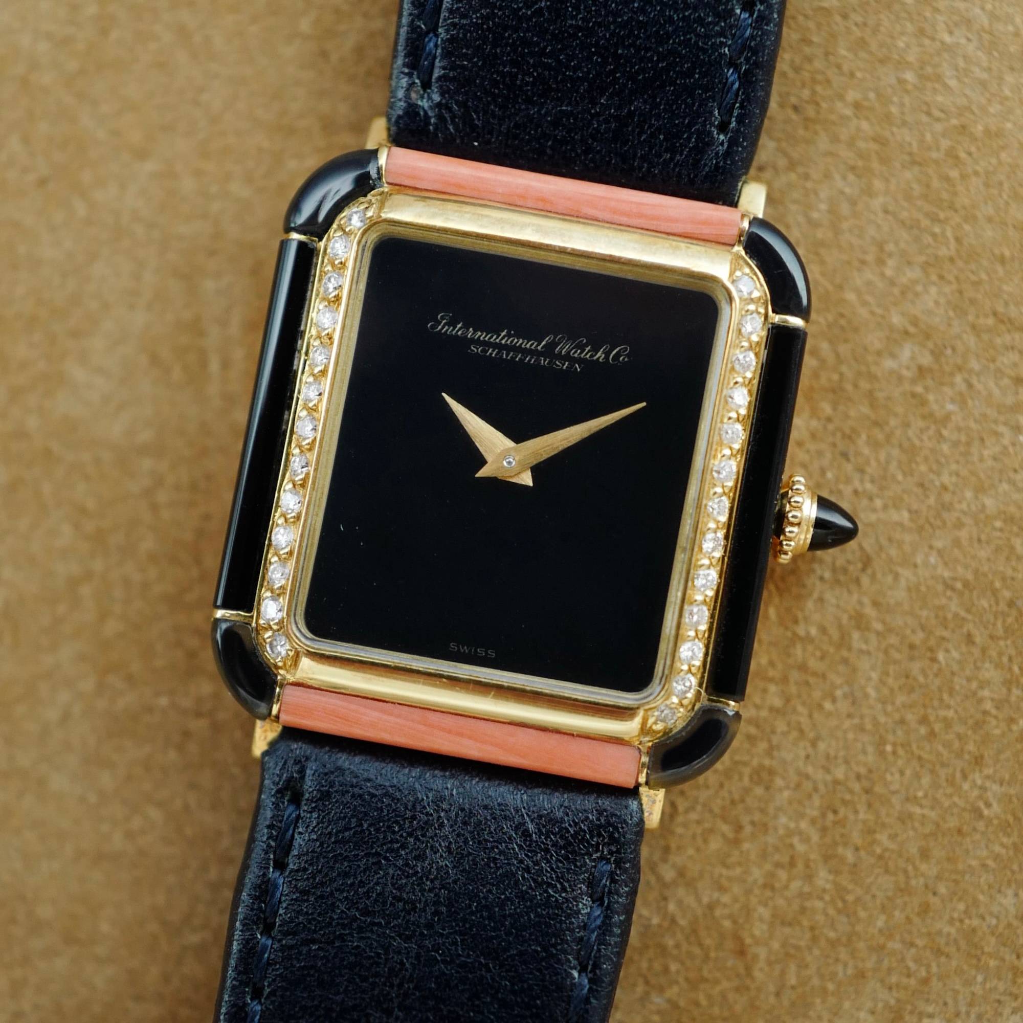 IWC Yellow Gold, Onyx, Coral and Diamond Vintage Watch