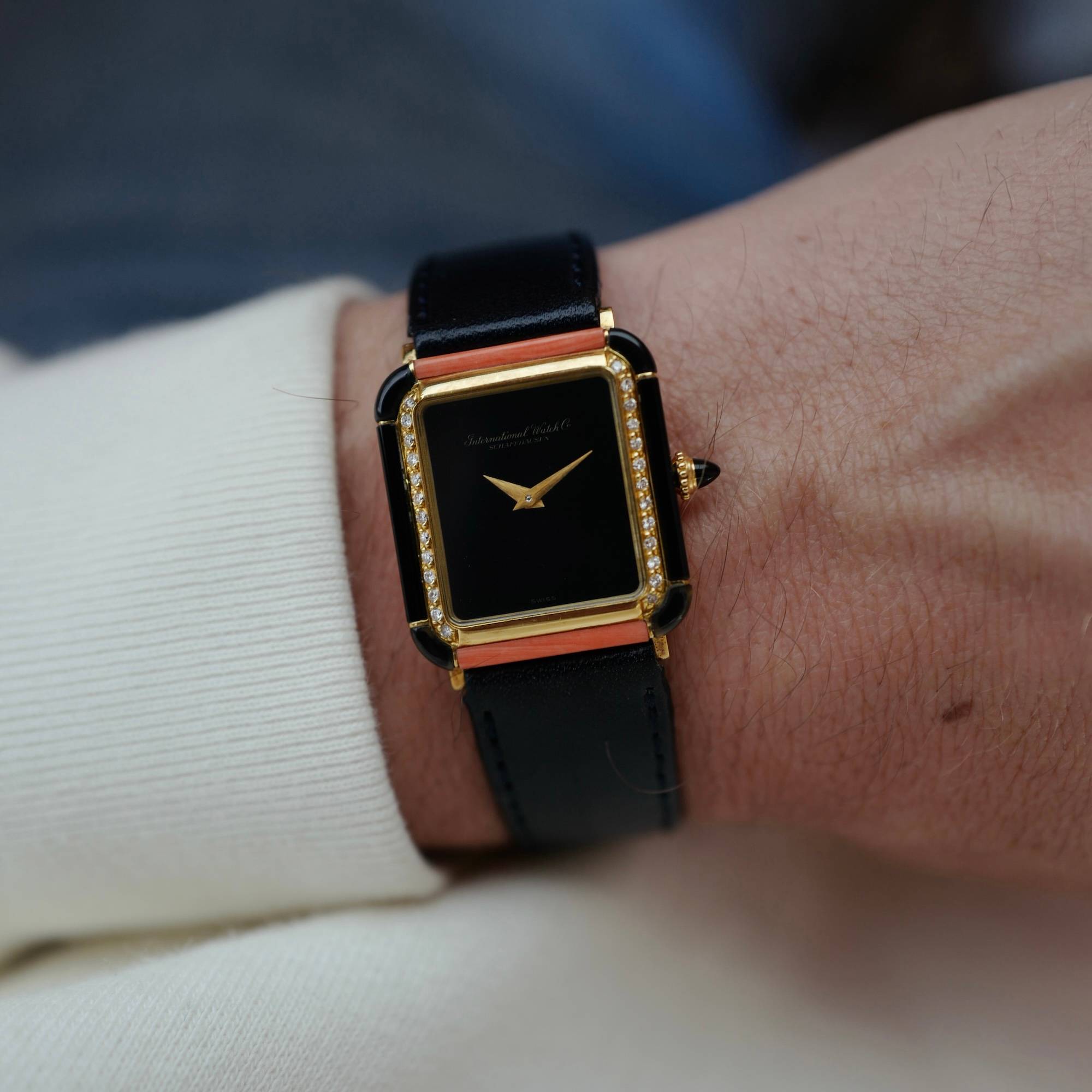 IWC Yellow Gold, Onyx, Coral and Diamond Vintage Watch
