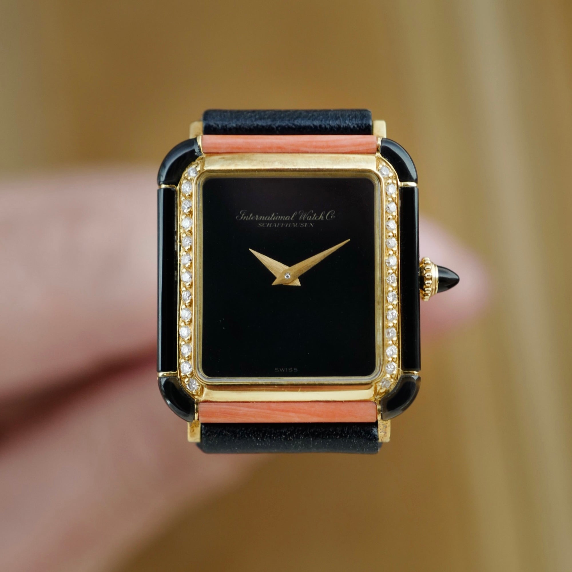 IWC Yellow Gold, Onyx, Coral and Diamond Vintage Watch