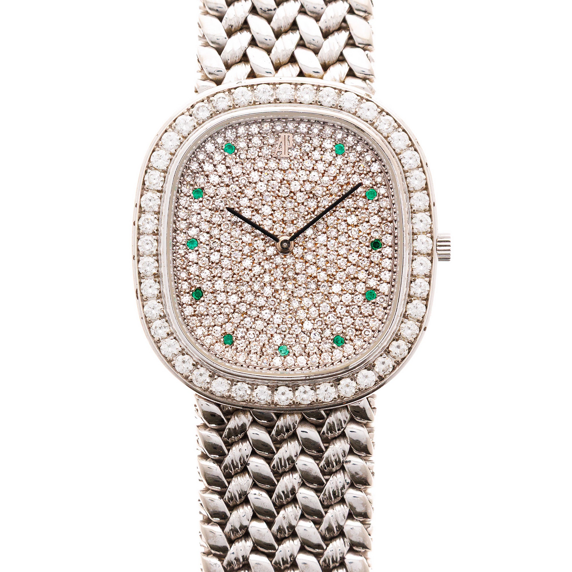 Audemars Piguet White Gold Watch with Pave Diamonds and Emeralds