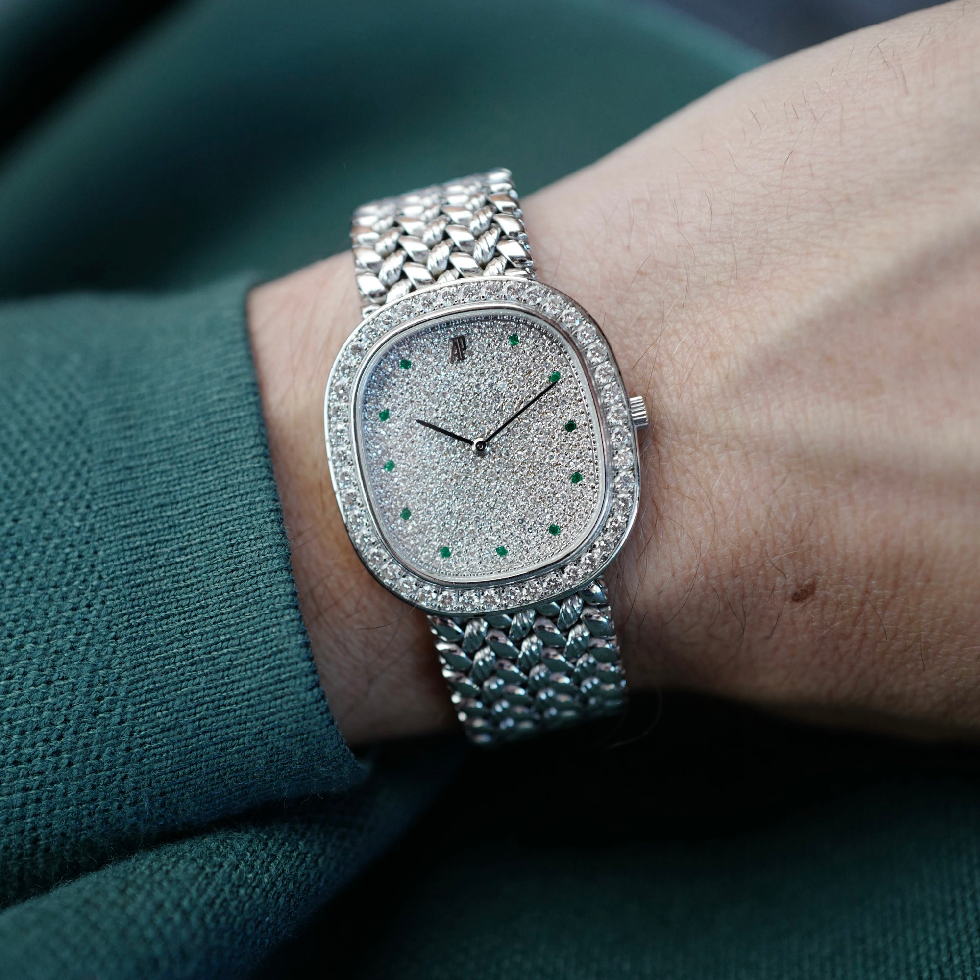 Audemars Piguet White Gold Watch with Pave Diamonds and Emeralds