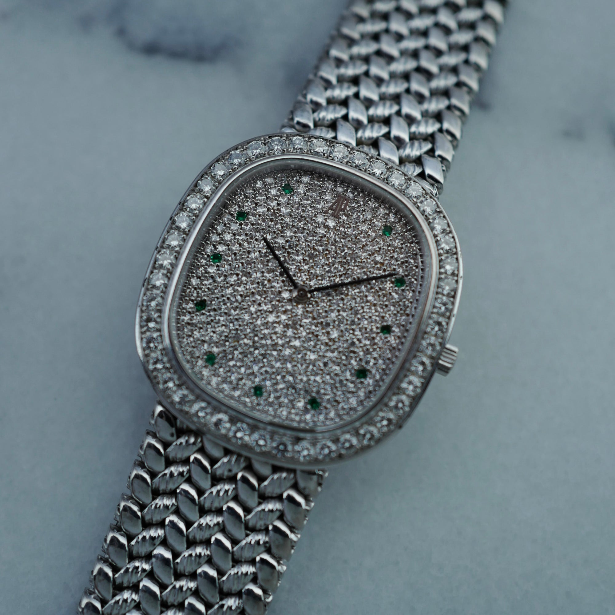 Audemars Piguet White Gold Watch with Pave Diamonds and Emeralds