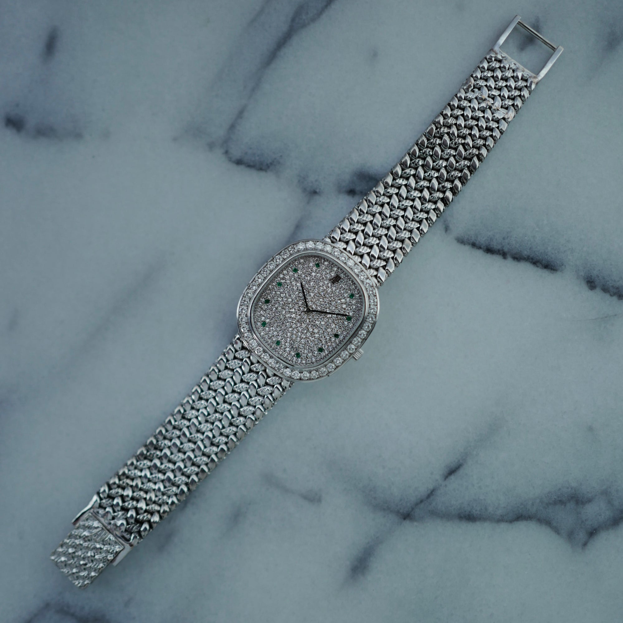 Audemars Piguet White Gold Watch with Pave Diamonds and Emeralds