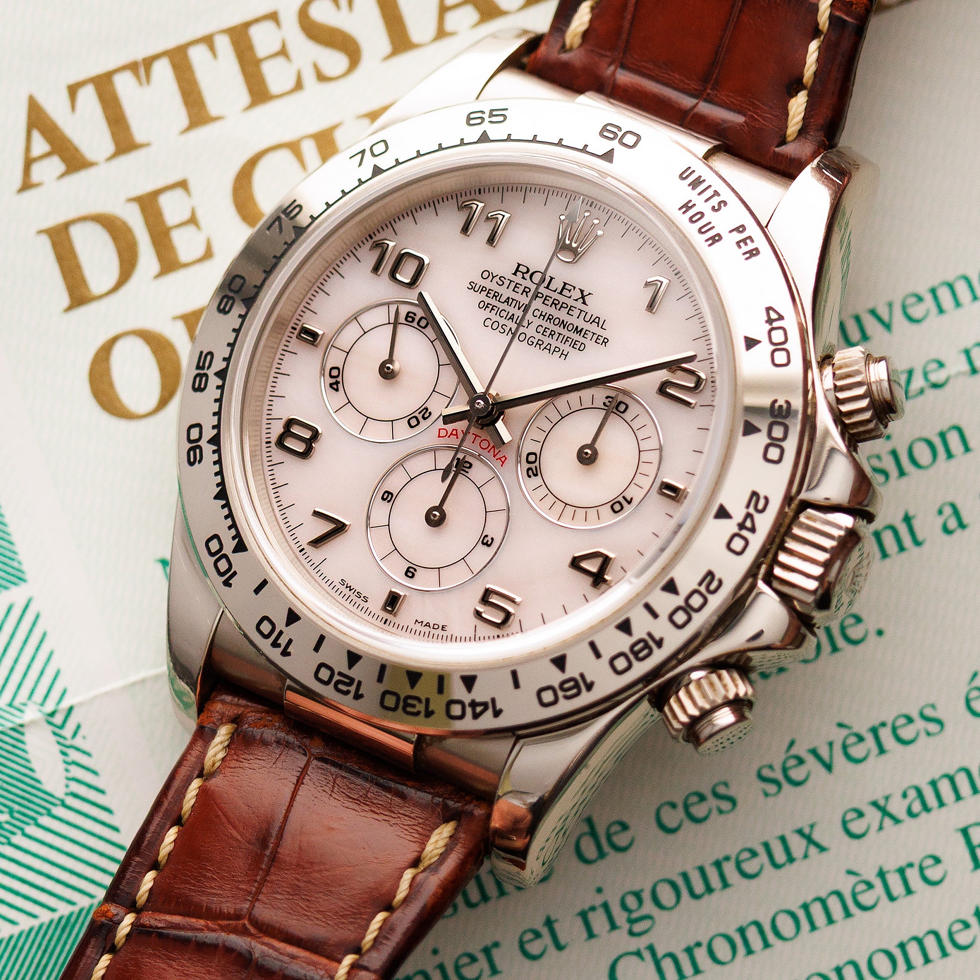 Rolex White Gold Zenith Daytona Ref. 16519 with Mother of Pearl Dial and Original Paper