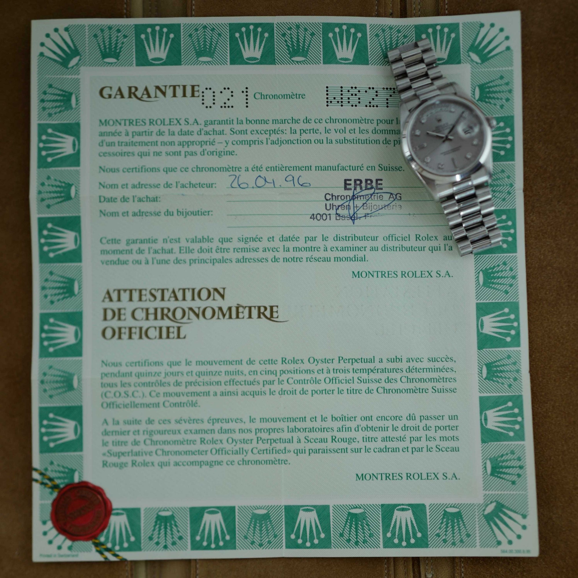 Rolex Platinum Day Date Ref. 18206 with Punched Warranty Paper