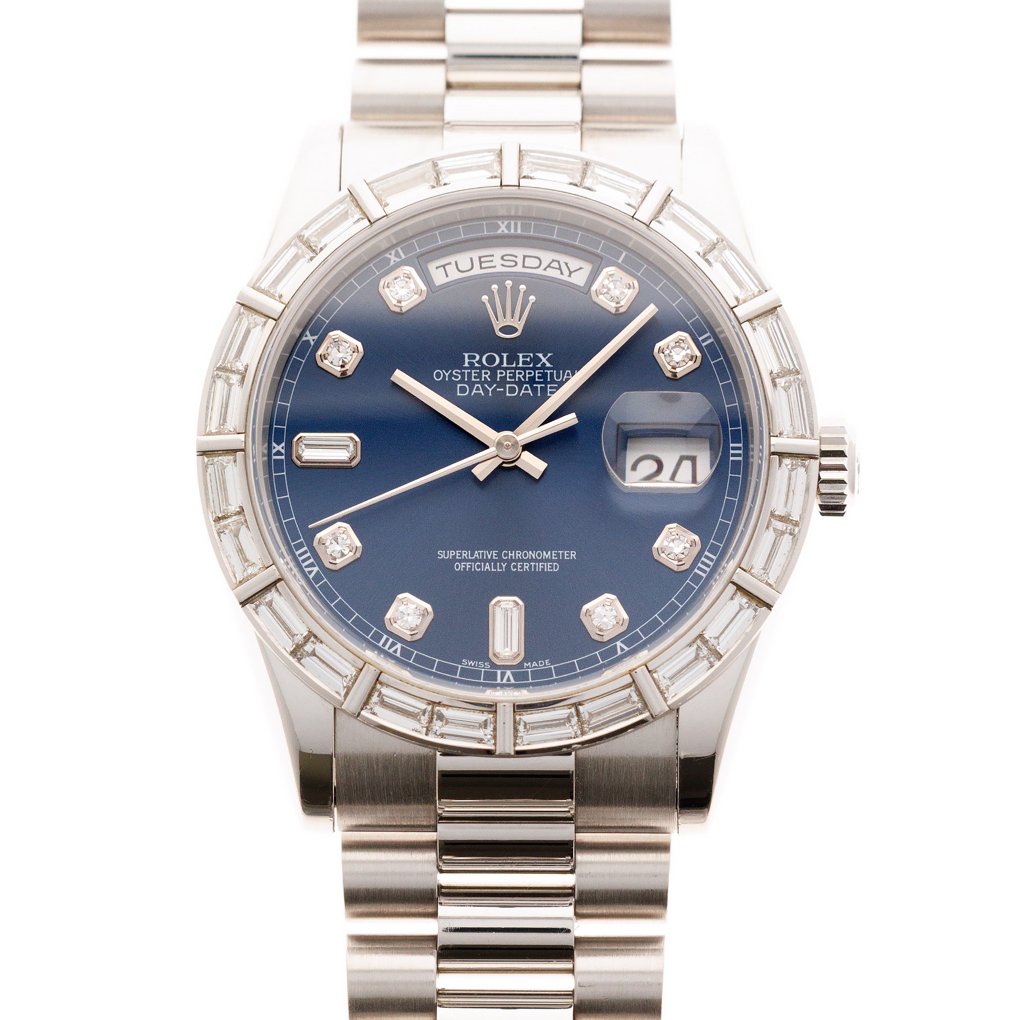 Rolex - Rolex Platinum Day-Date Ref. 118366A with Blue Dial and Factory Baguette Bezel - The Keystone Watches