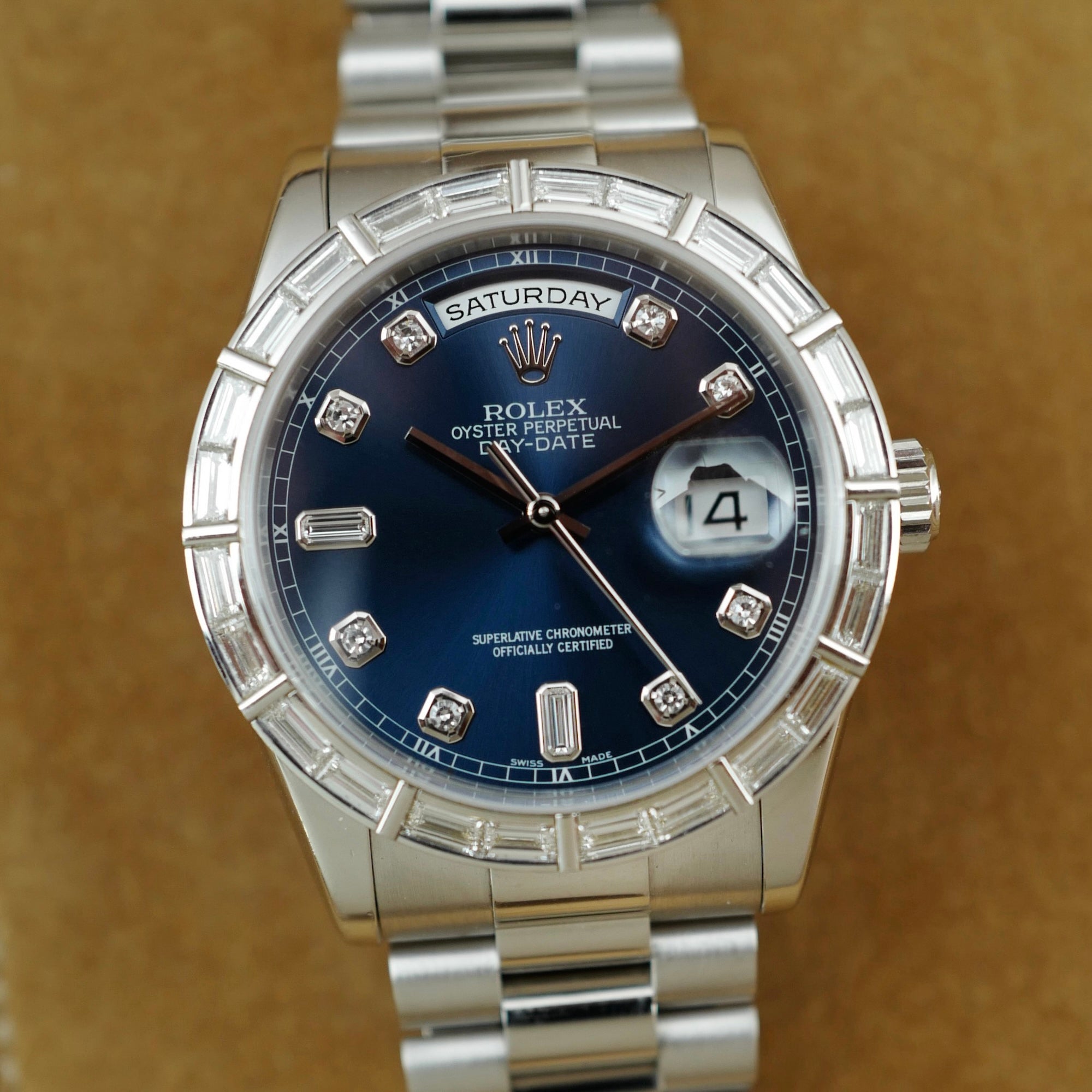 Rolex - Rolex Platinum Day-Date Ref. 118366A with Blue Dial and Factory Baguette Bezel - The Keystone Watches