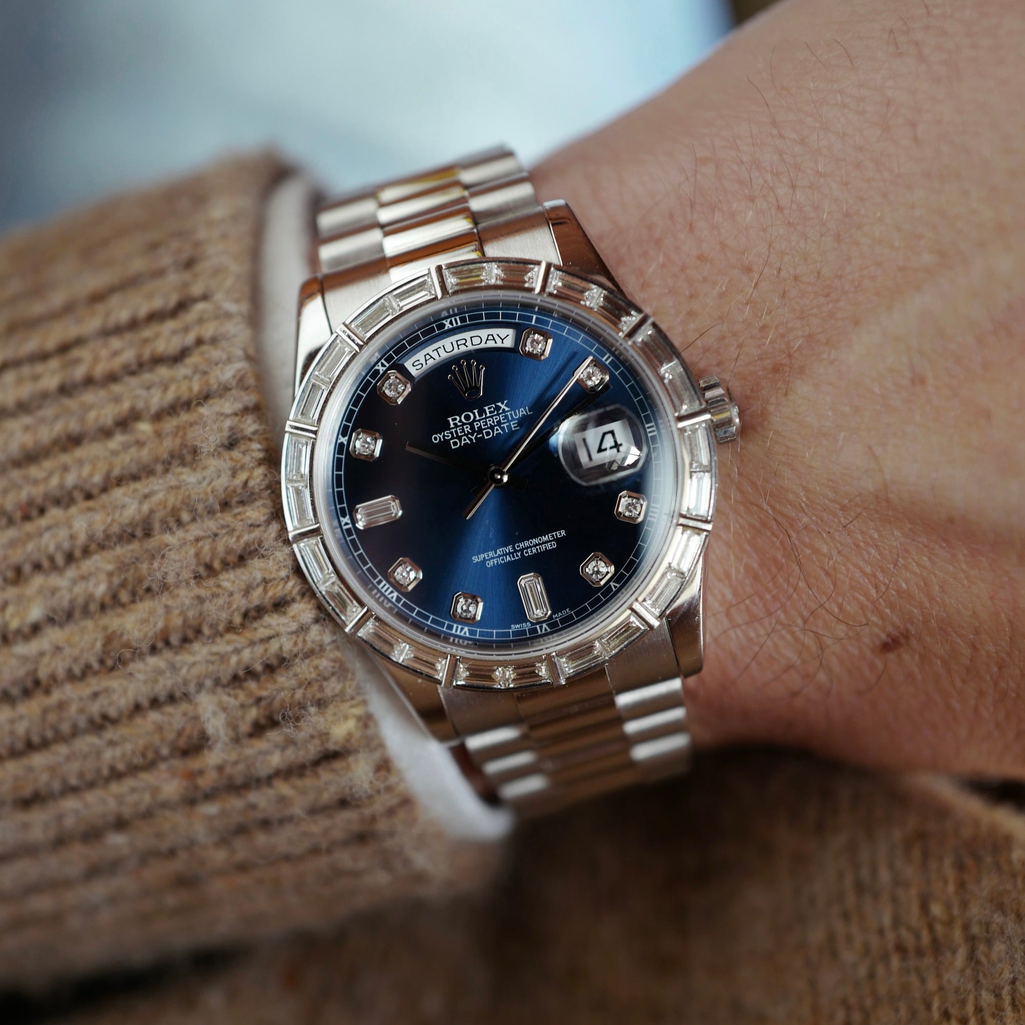 Rolex - Rolex Platinum Day-Date Ref. 118366A with Blue Dial and Factory Baguette Bezel - The Keystone Watches