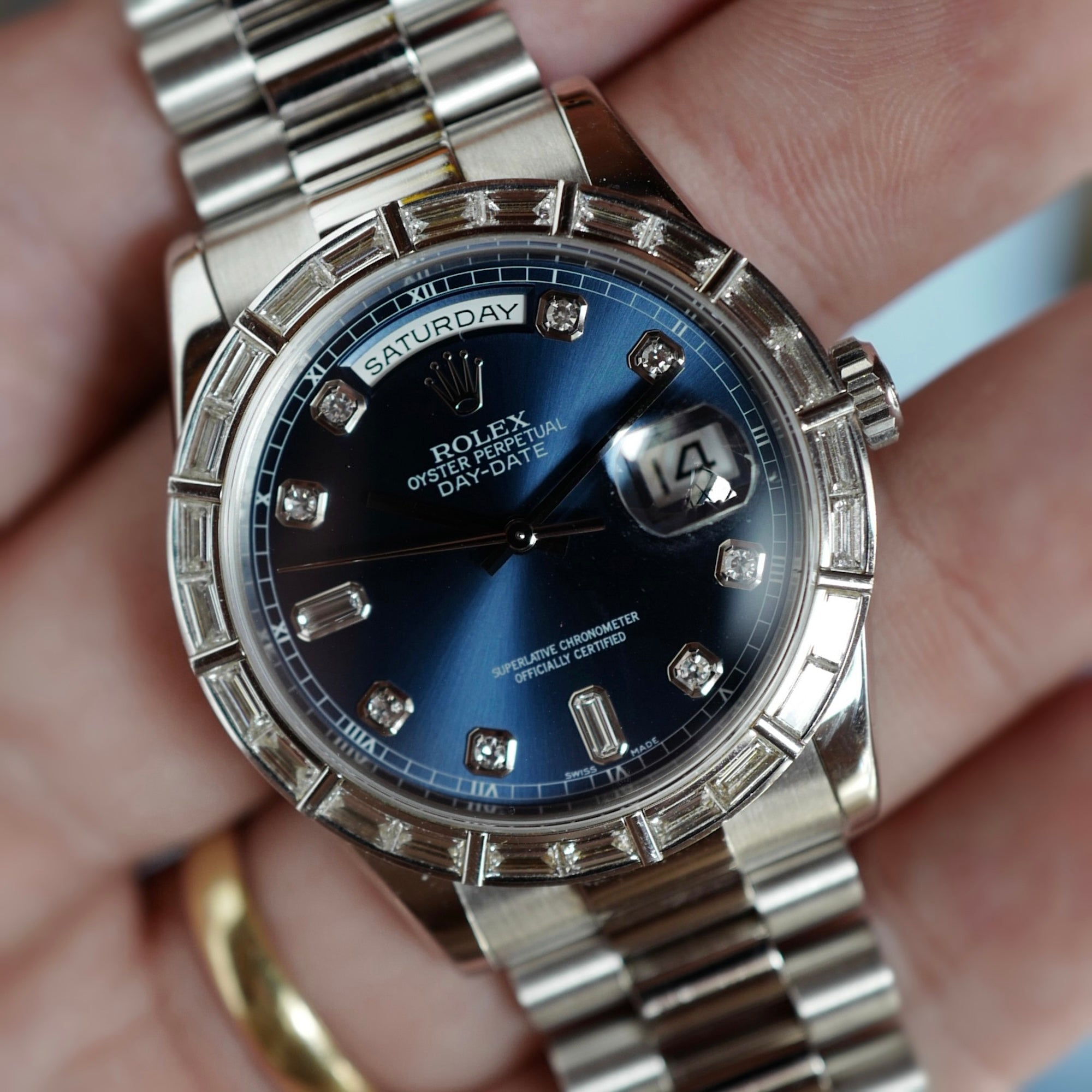 Rolex - Rolex Platinum Day-Date Ref. 118366A with Blue Dial and Factory Baguette Bezel - The Keystone Watches