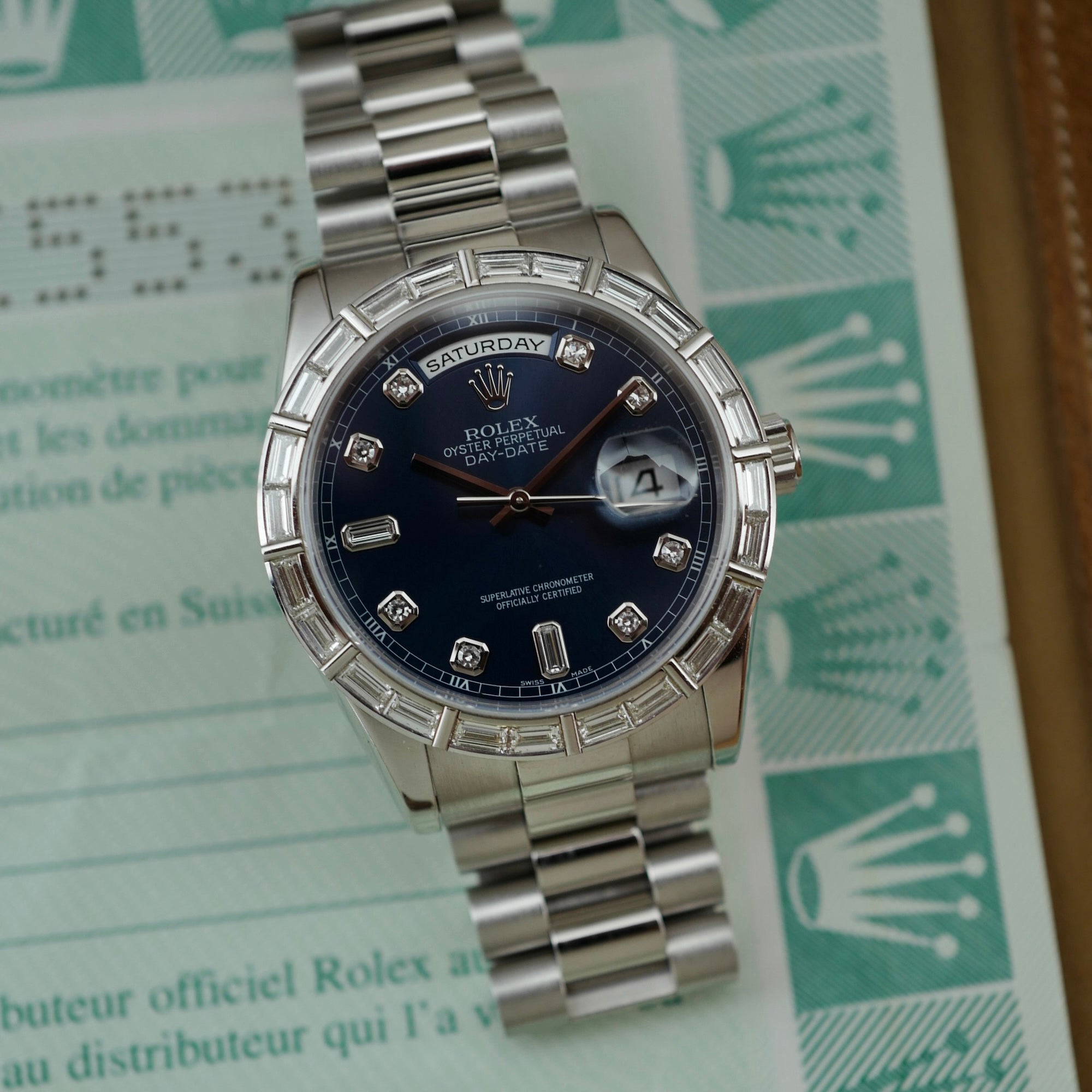 Rolex - Rolex Platinum Day-Date Ref. 118366A with Blue Dial and Factory Baguette Bezel - The Keystone Watches