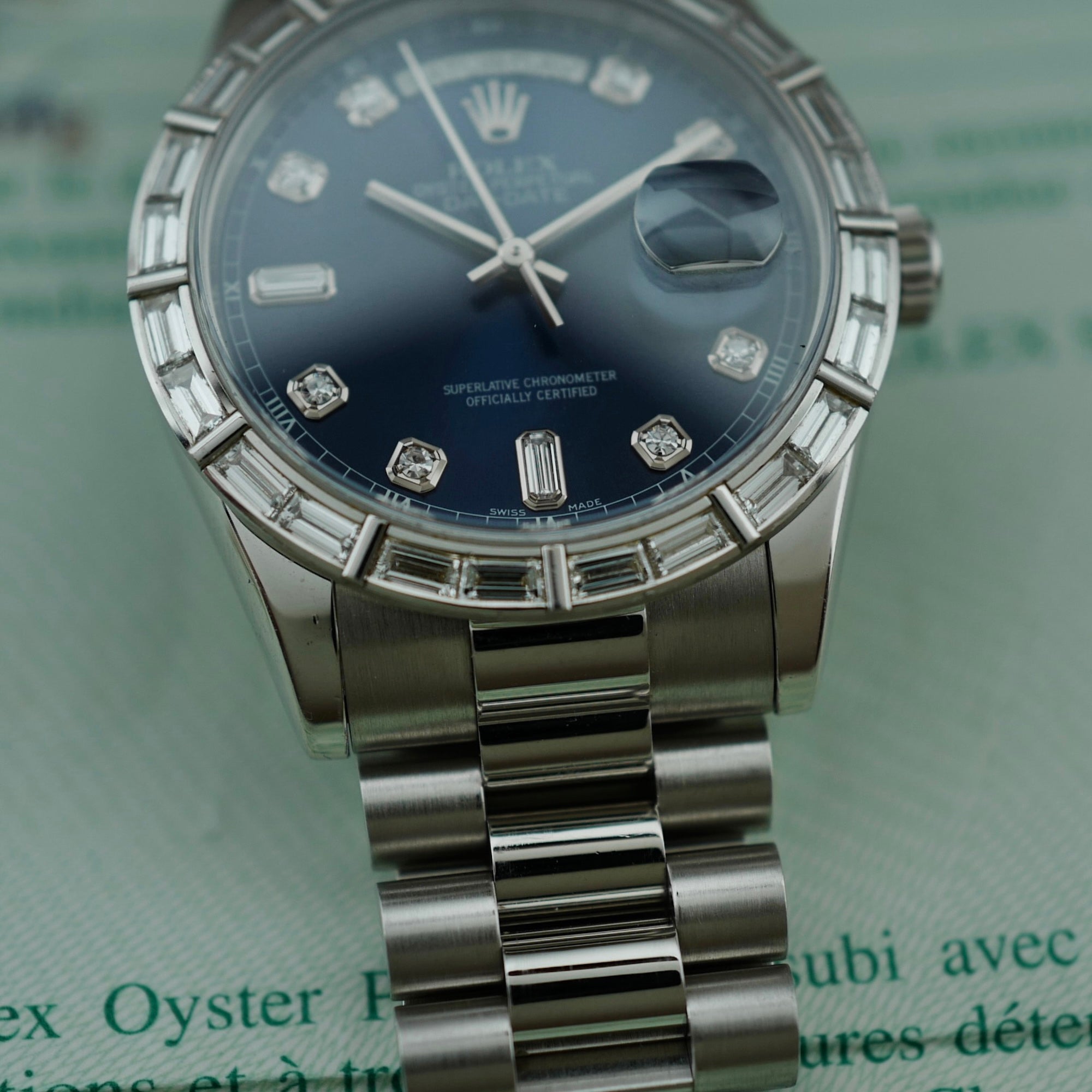 Rolex - Rolex Platinum Day-Date Ref. 118366A with Blue Dial and Factory Baguette Bezel - The Keystone Watches