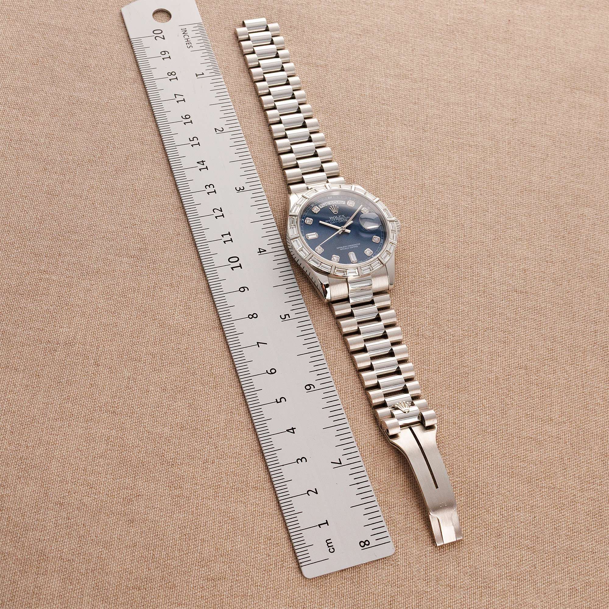 Rolex - Rolex Platinum Day-Date Ref. 118366A with Blue Dial and Factory Baguette Bezel - The Keystone Watches