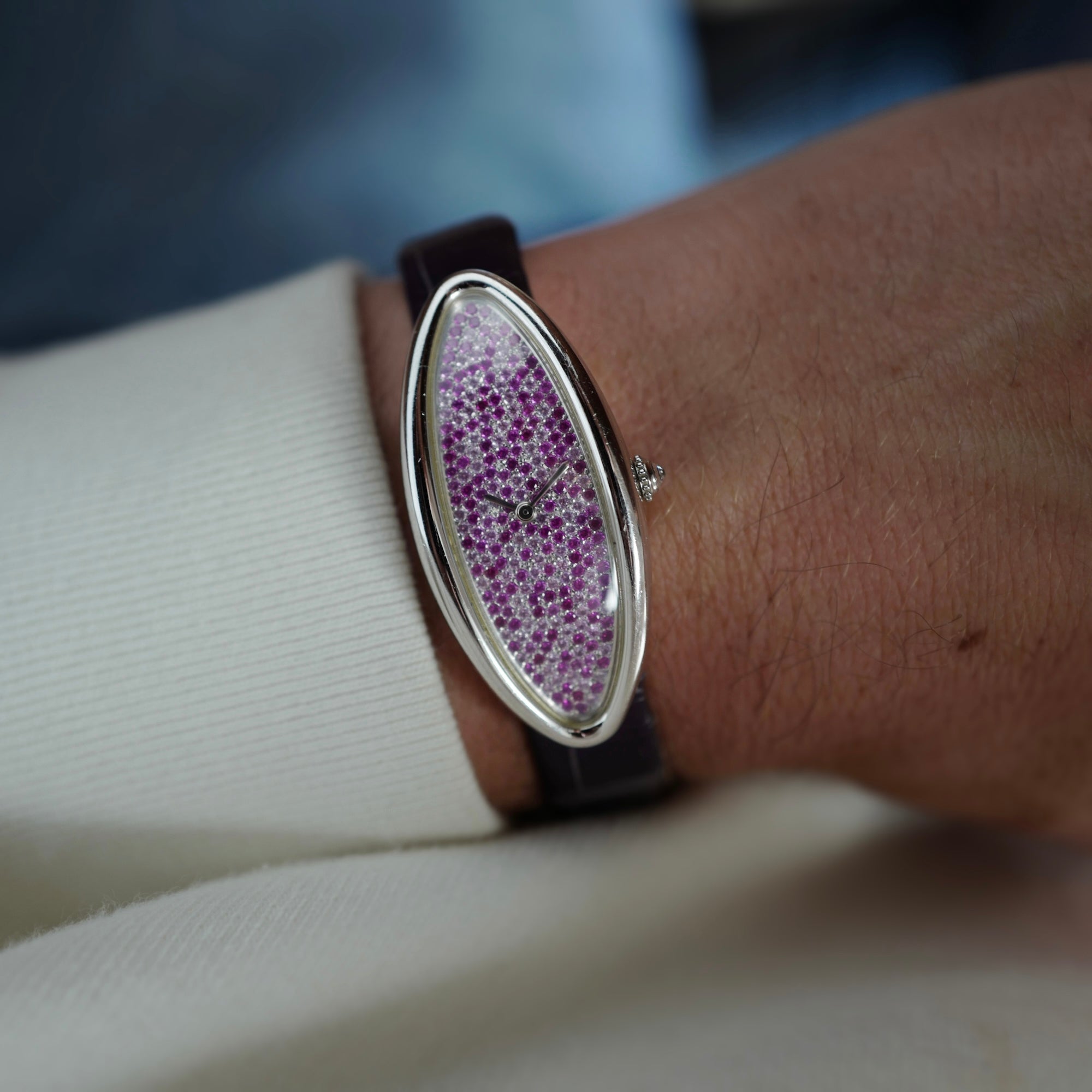 Cartier White Gold Baignoire Allongee with Diamond and Sapphire Pave Dial Ref. 2514
